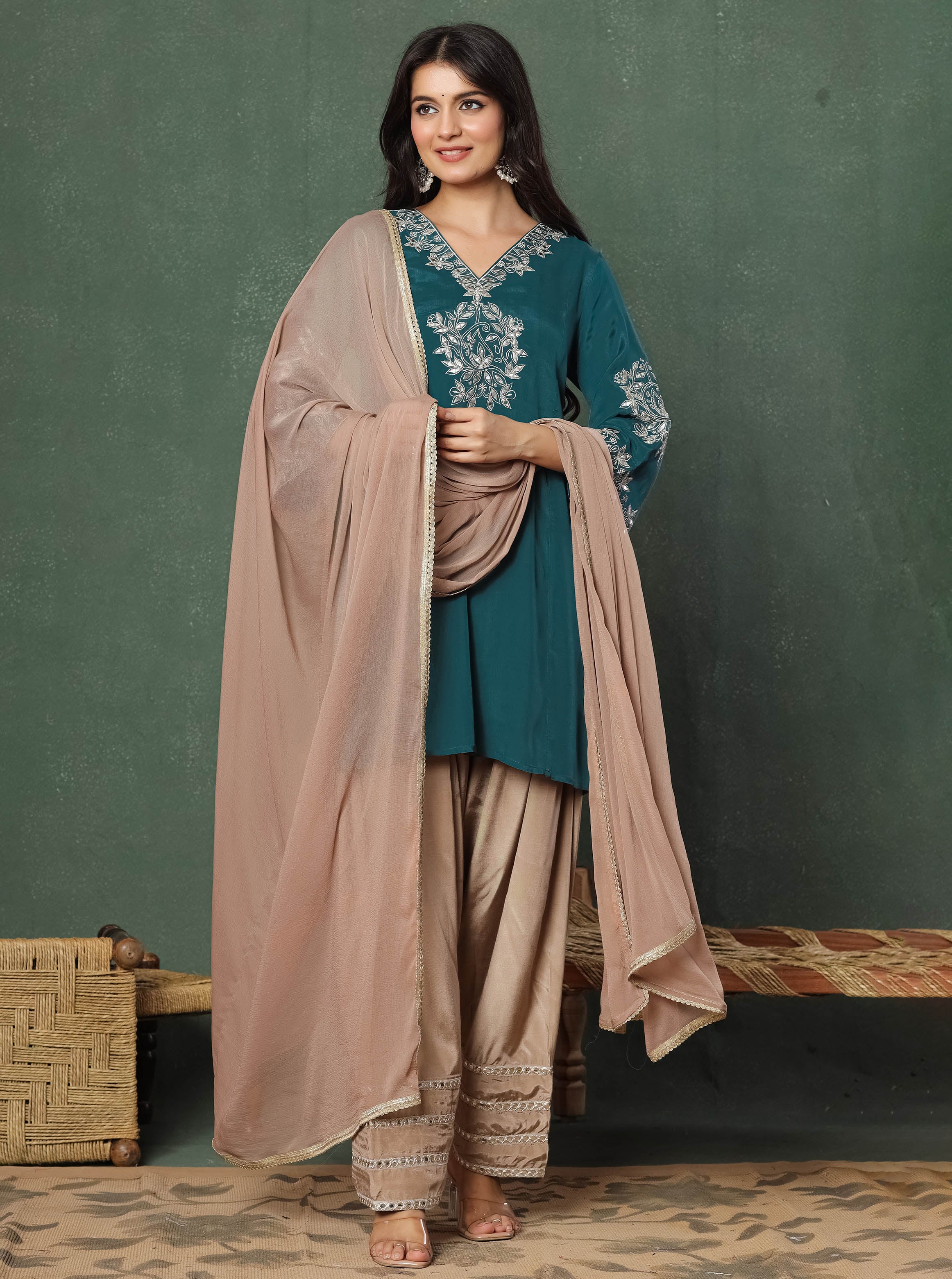 Green Embroidered Kurta With Farshi Salwar And Dupatta