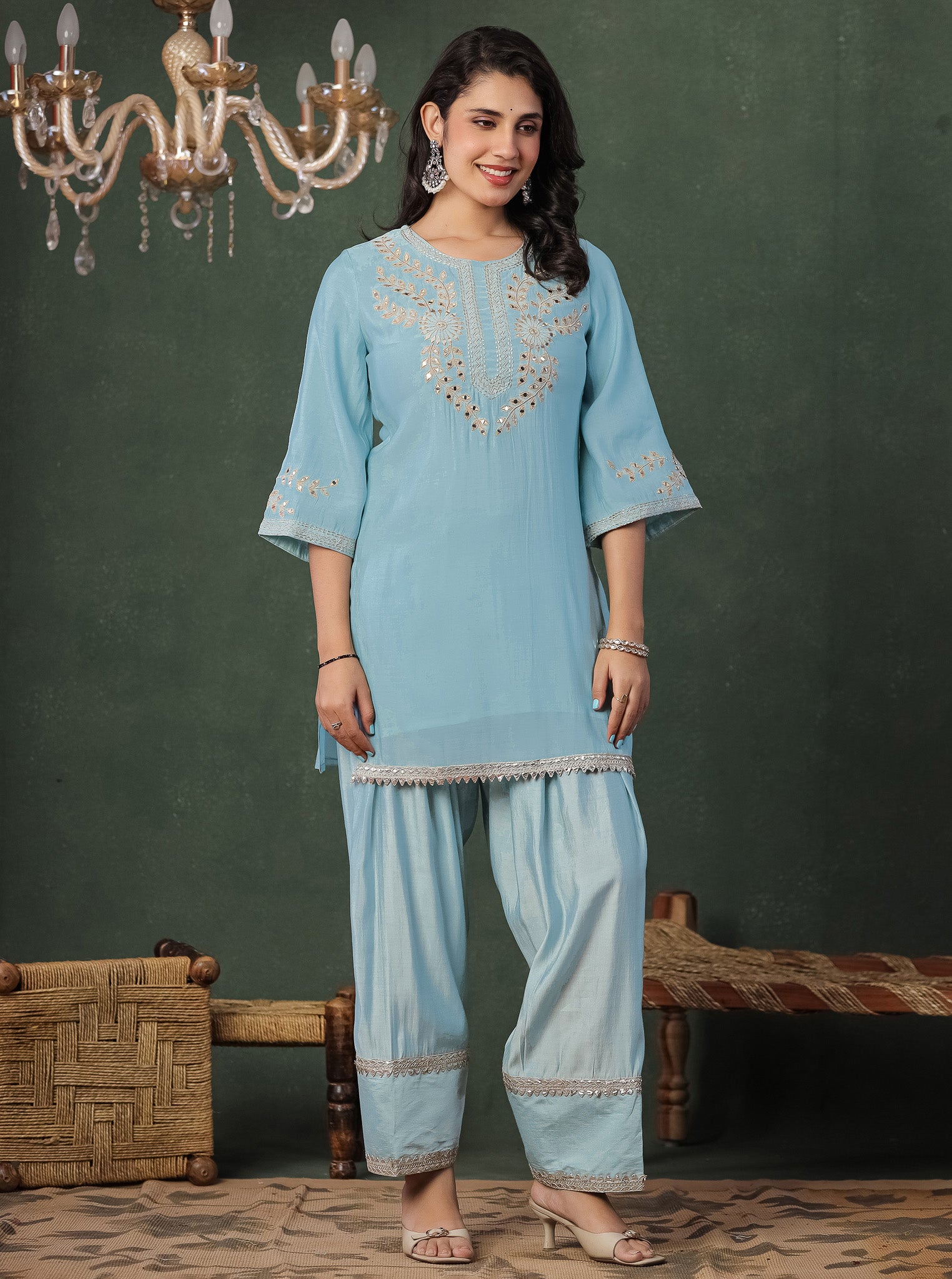 Sky Blue Embroidered Kurta With Farshi Salwar And Dupatta