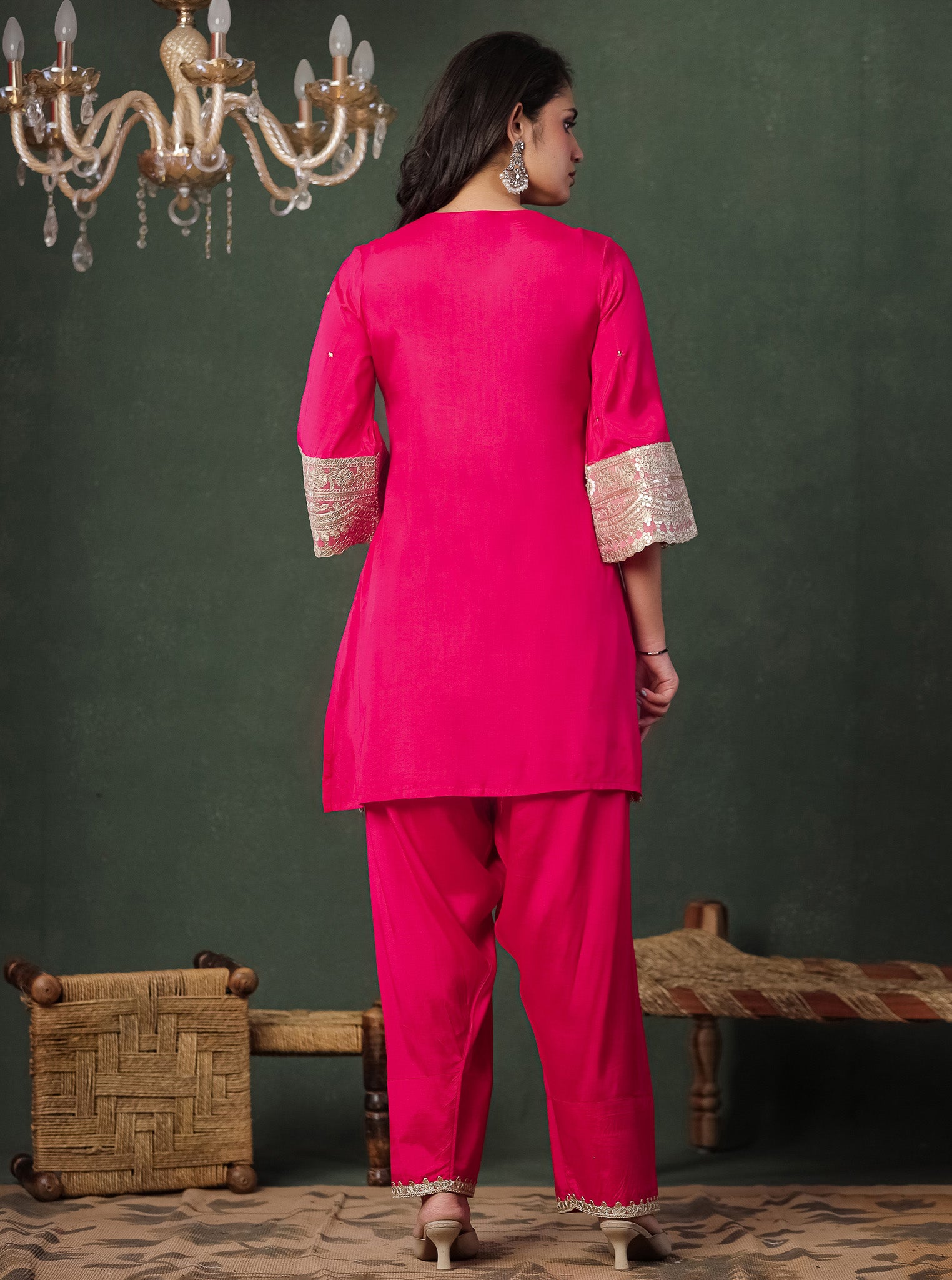 Pink Viscose Kurta With Farshi Salwar And Dupatta