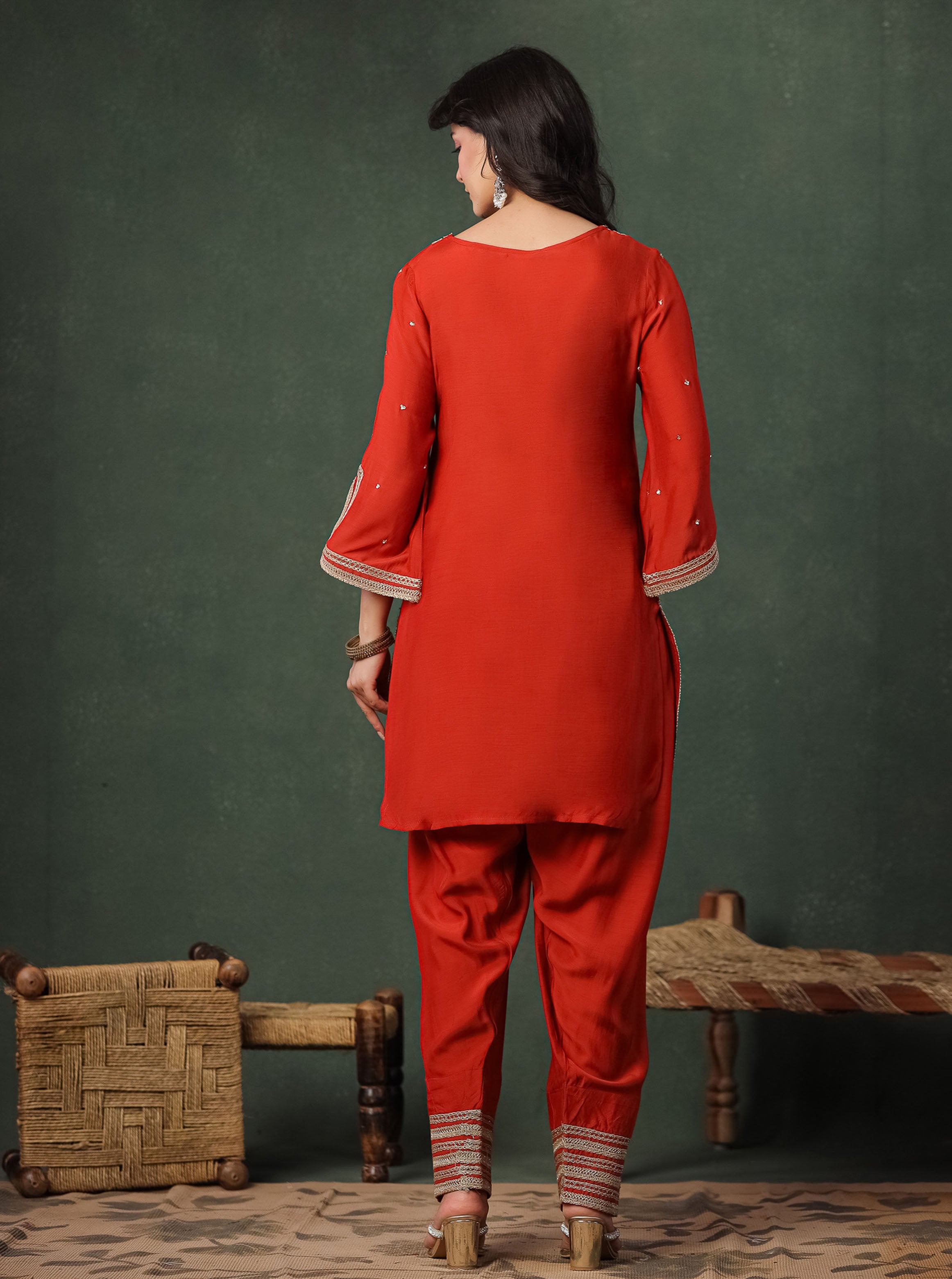 Orange Viscose Kurta With Farshi Salwar And Dupatta