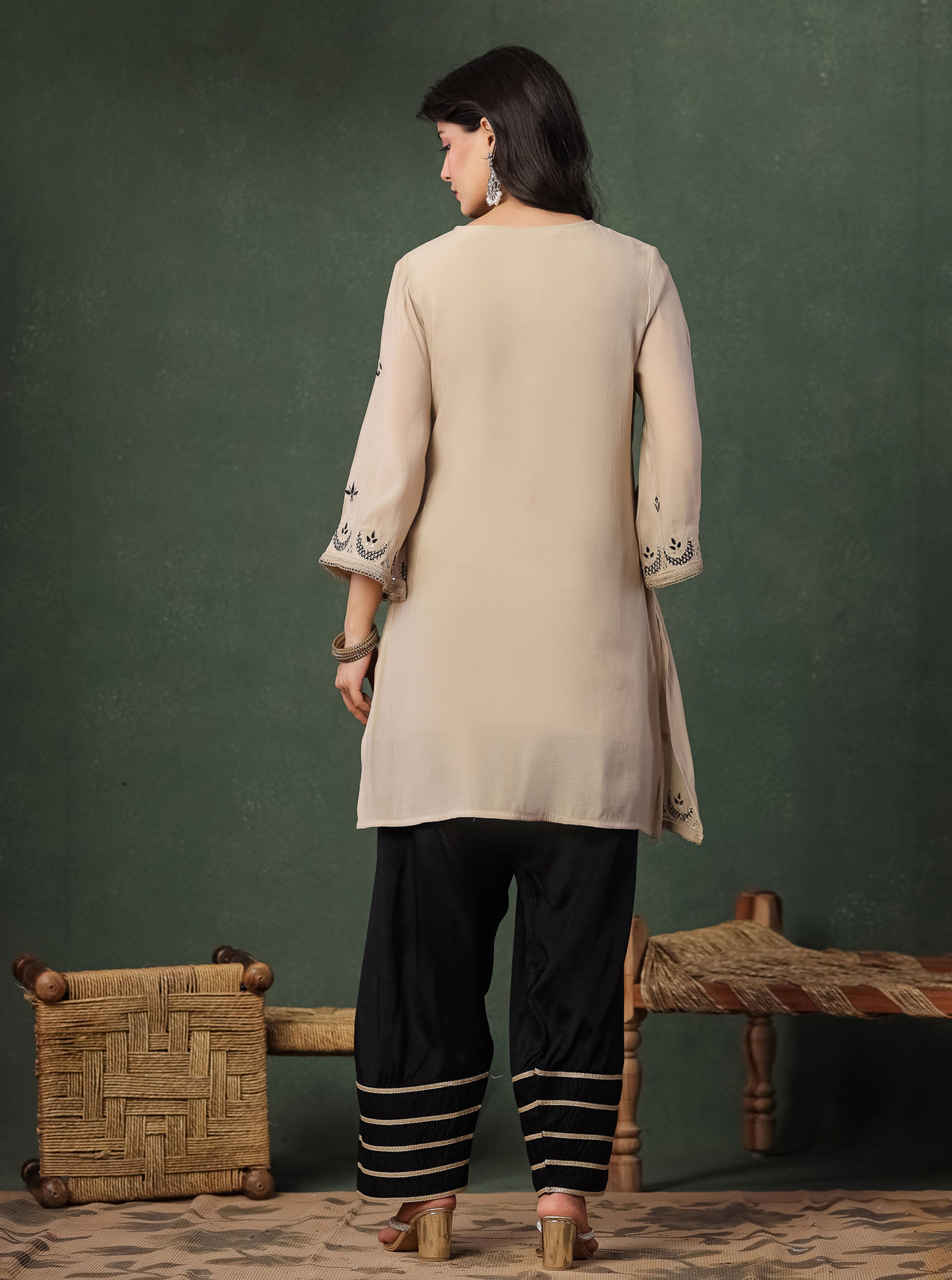 Beige Viscose Embroidered Kurta With Farshi Salwar And Dupatta