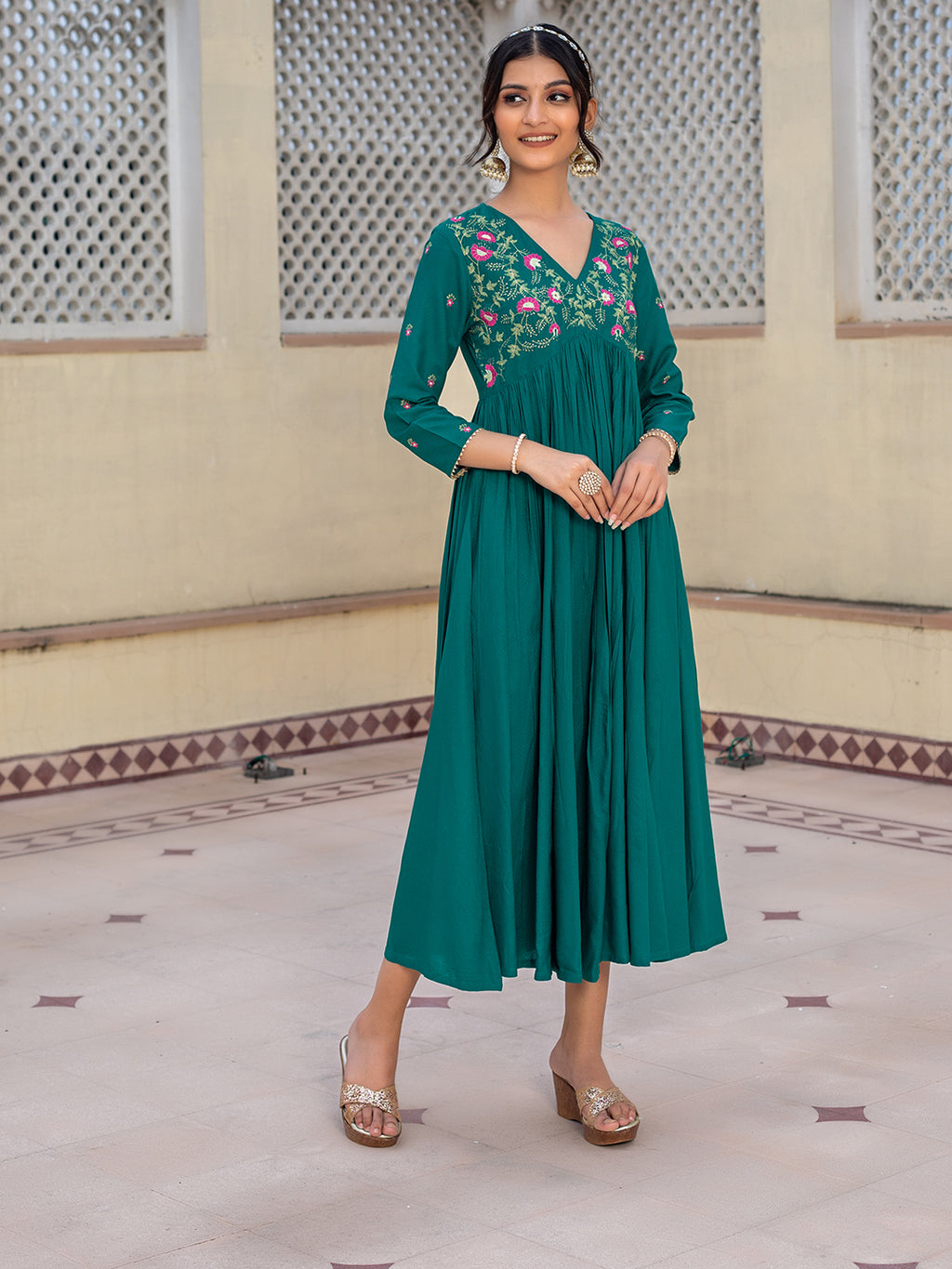 Green Viscose Floral Embroidered A-line Dress