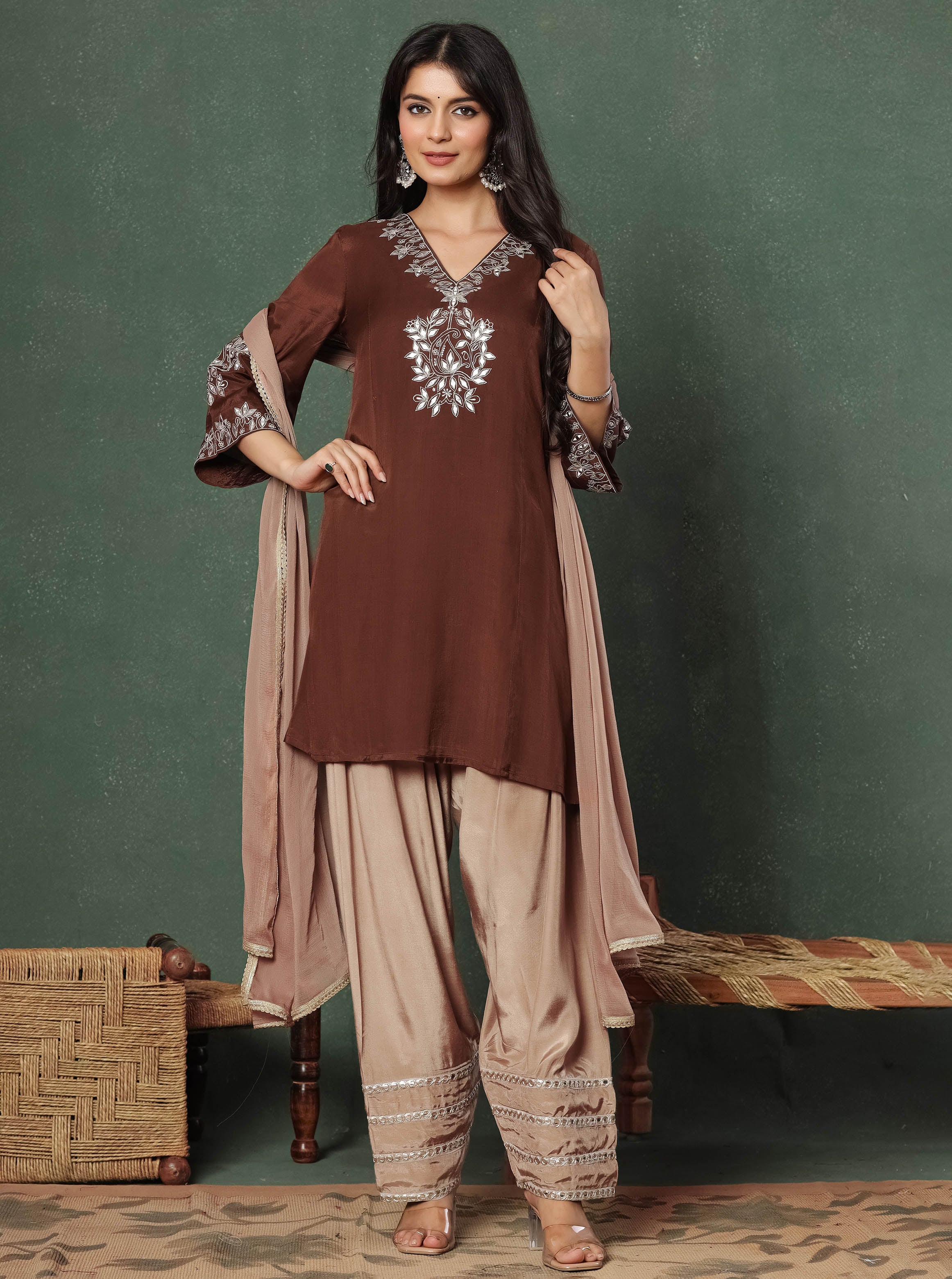 Brown Embroidered Kurta With Farshi Salwar And Dupatta