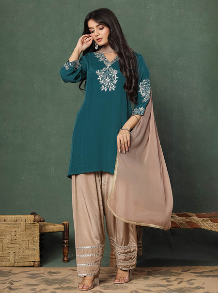 Green Embroidered Kurta With Farshi Salwar And Dupatta