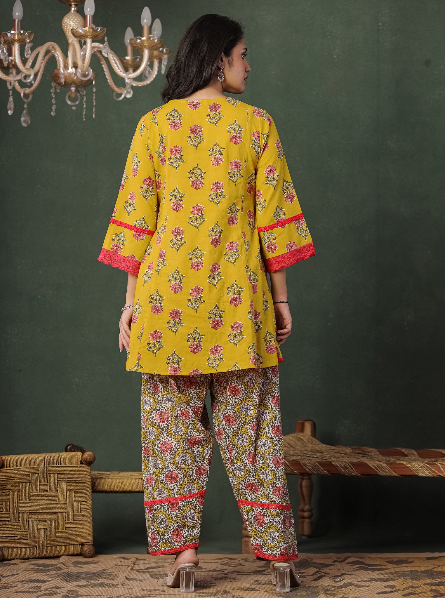 Mustard Yellow Floral Block Printed Kurta With Farshi Salwar
