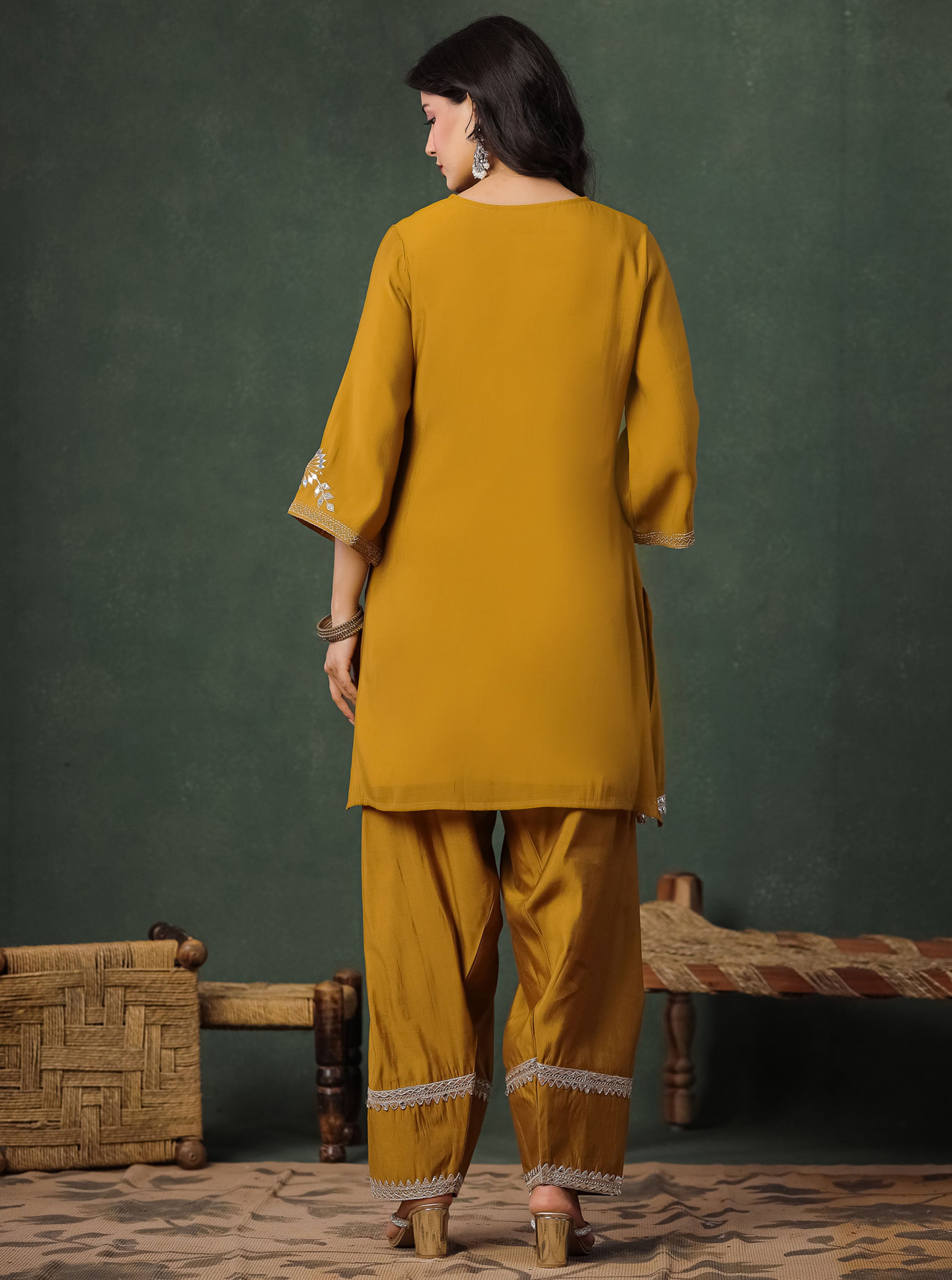 Mustard Embroidered Kurta & Plane Palazzo