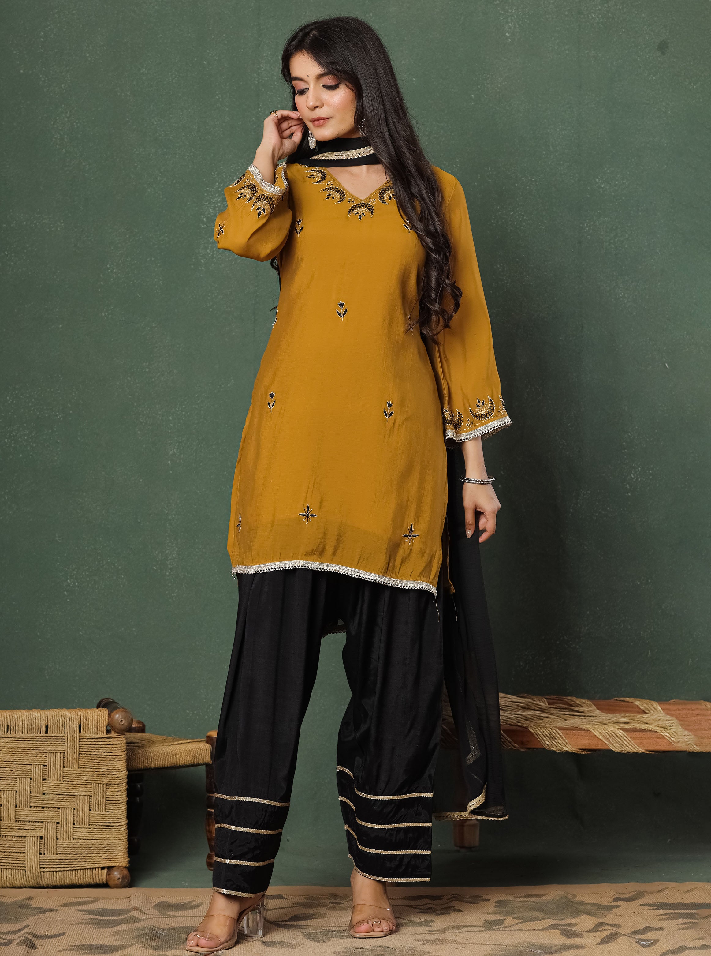 Mustard Embroidered Kurta With Farshi Salwar And Dupatta