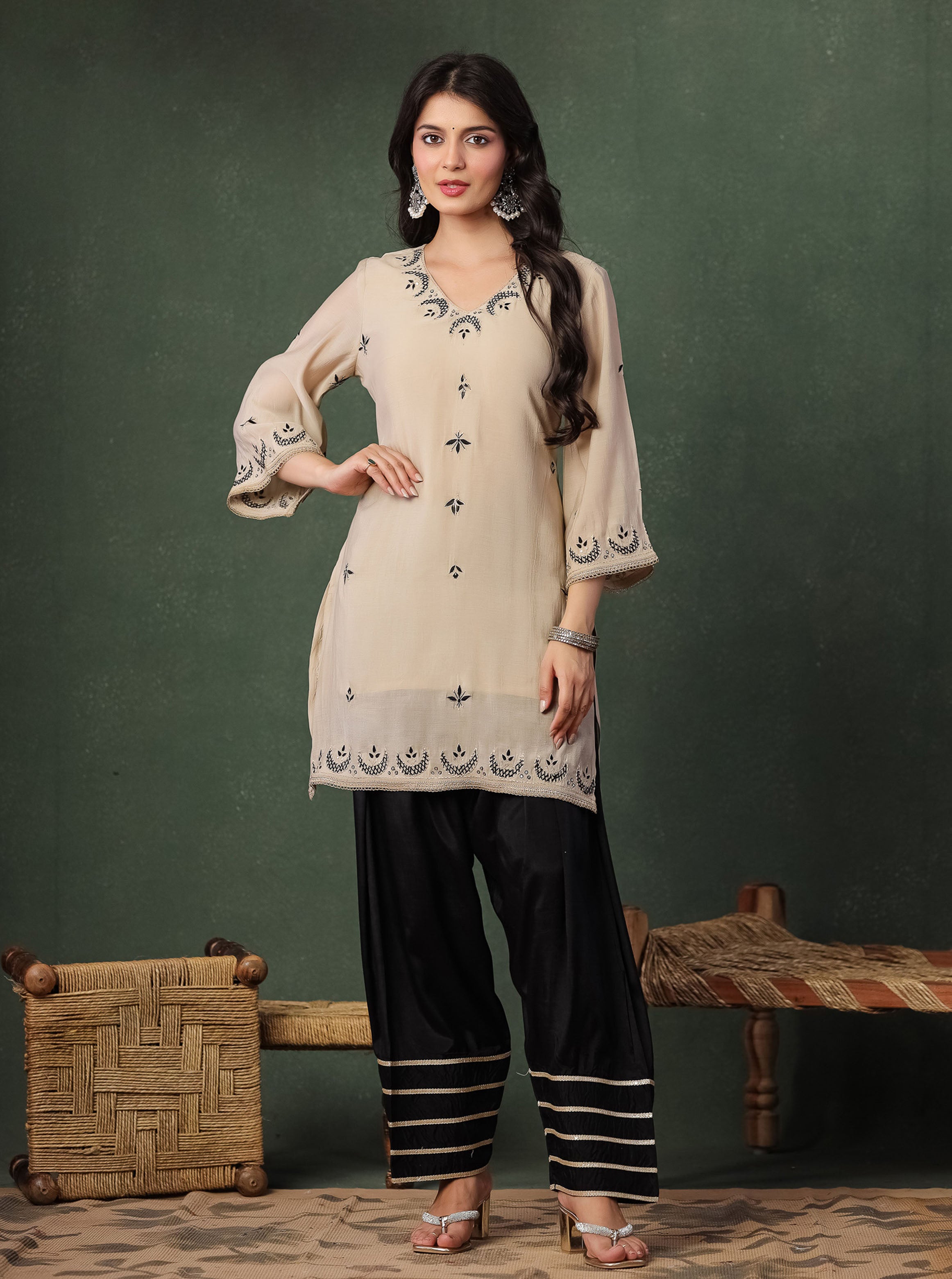 Beige Viscose Embroidered Kurta With Farshi Salwar And Dupatta