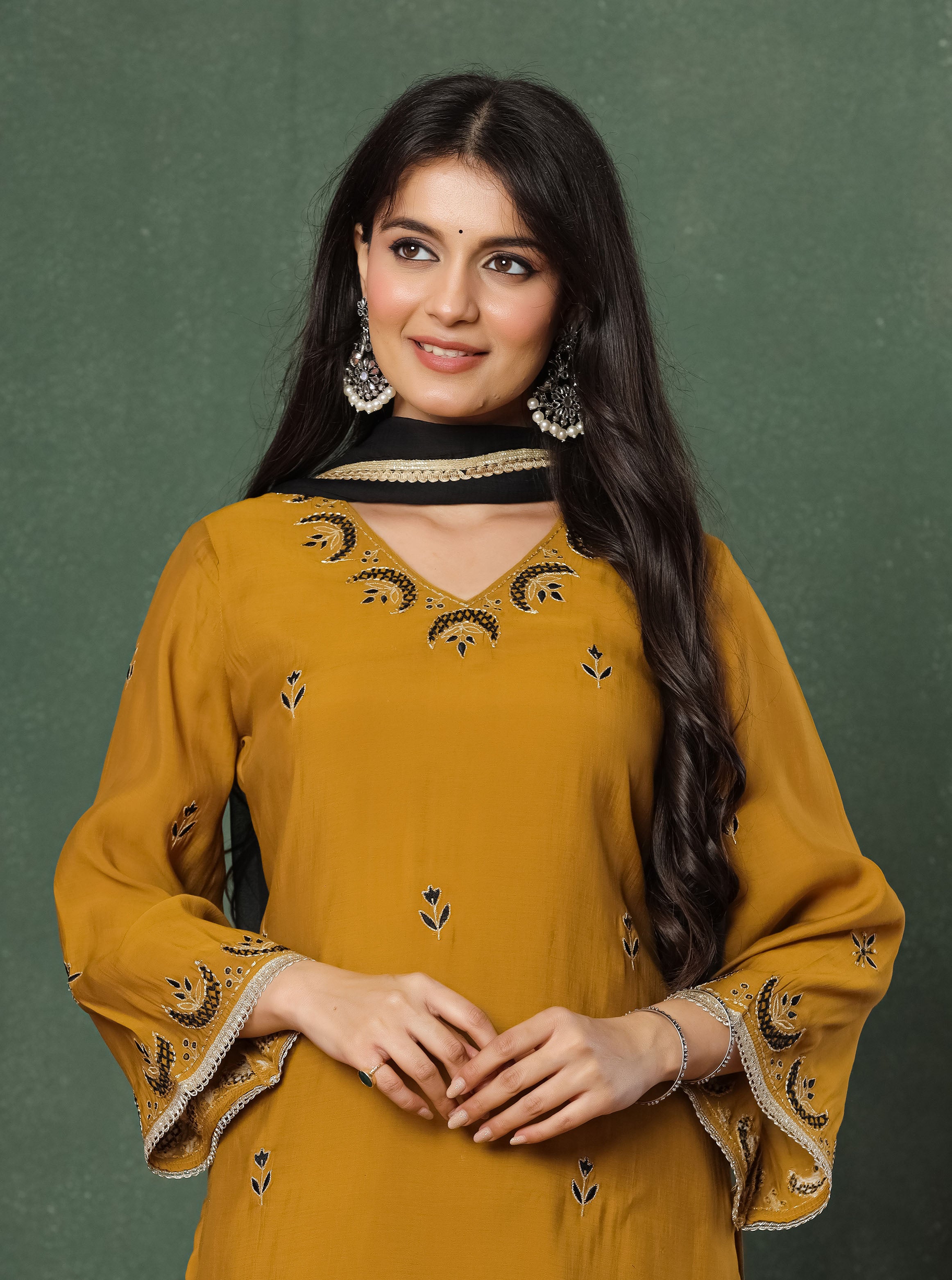 Mustard Embroidered Kurta With Farshi Salwar And Dupatta