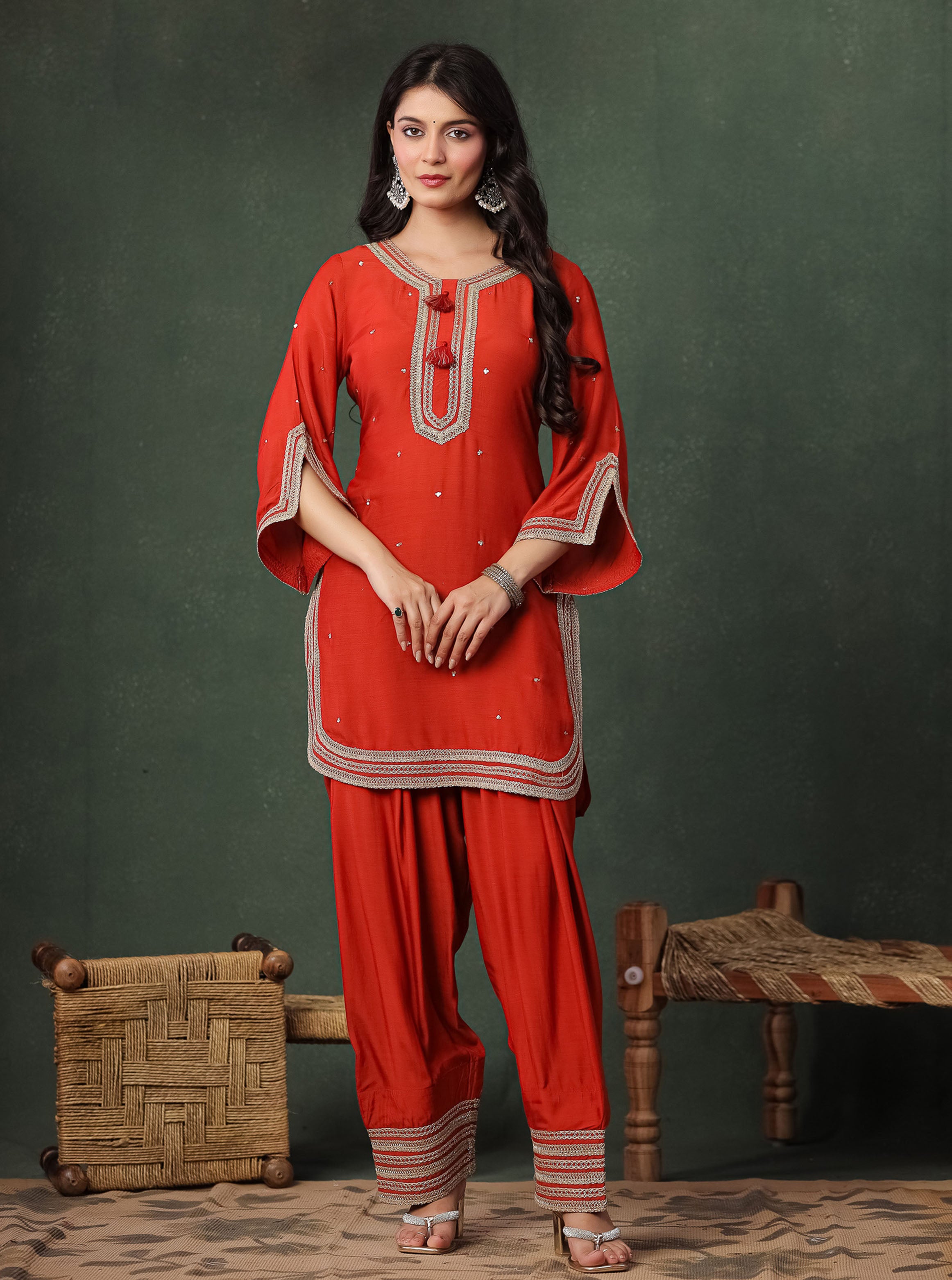 Orange Viscose Kurta With Farshi Salwar And Dupatta