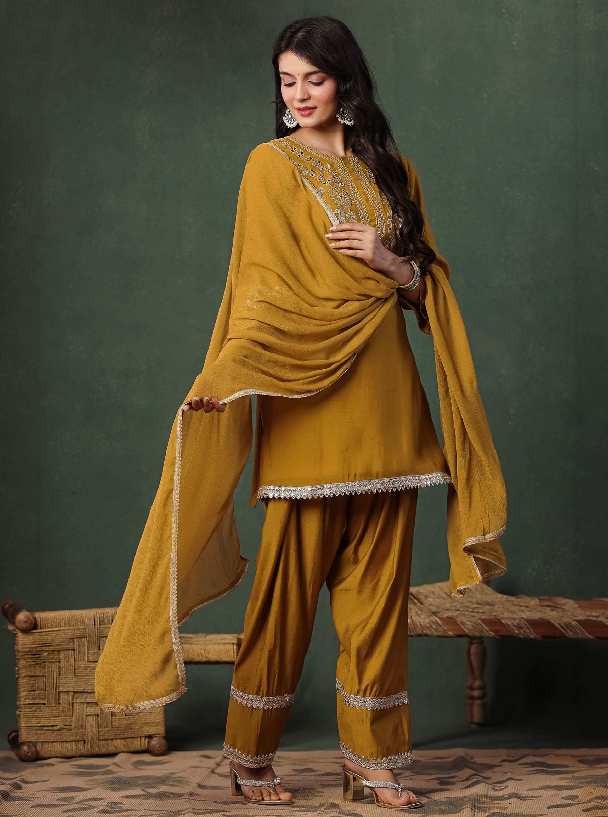 Mustard Embroidered Kurta & Plane Palazzo