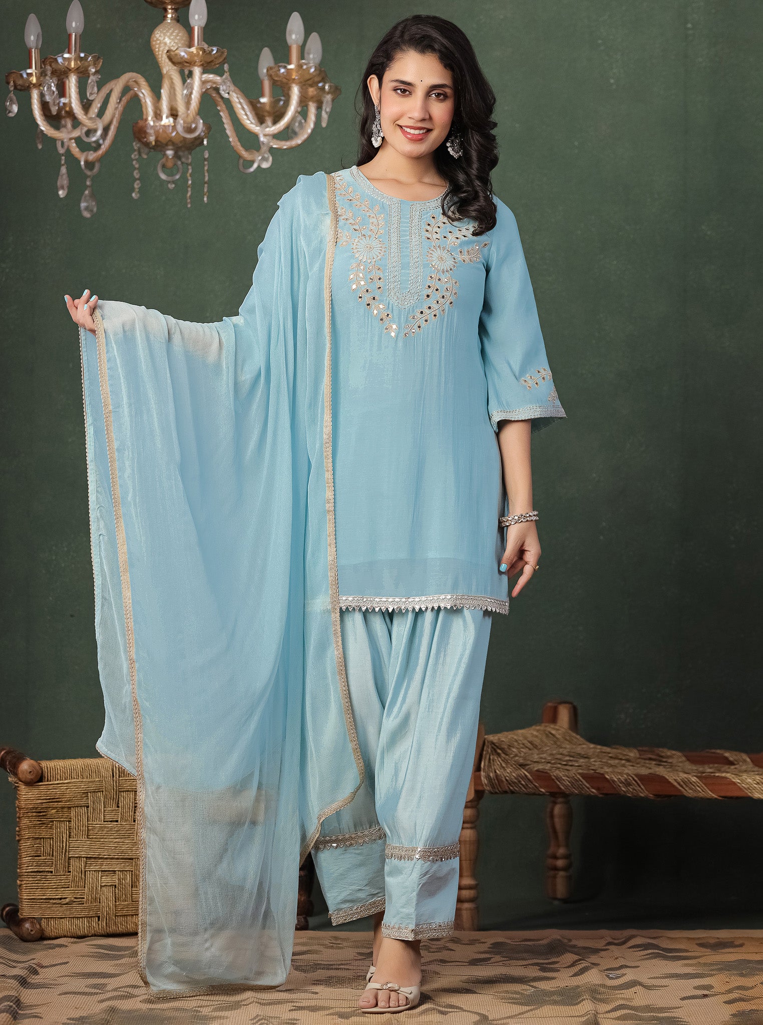 Sky Blue Embroidered Kurta With Farshi Salwar And Dupatta