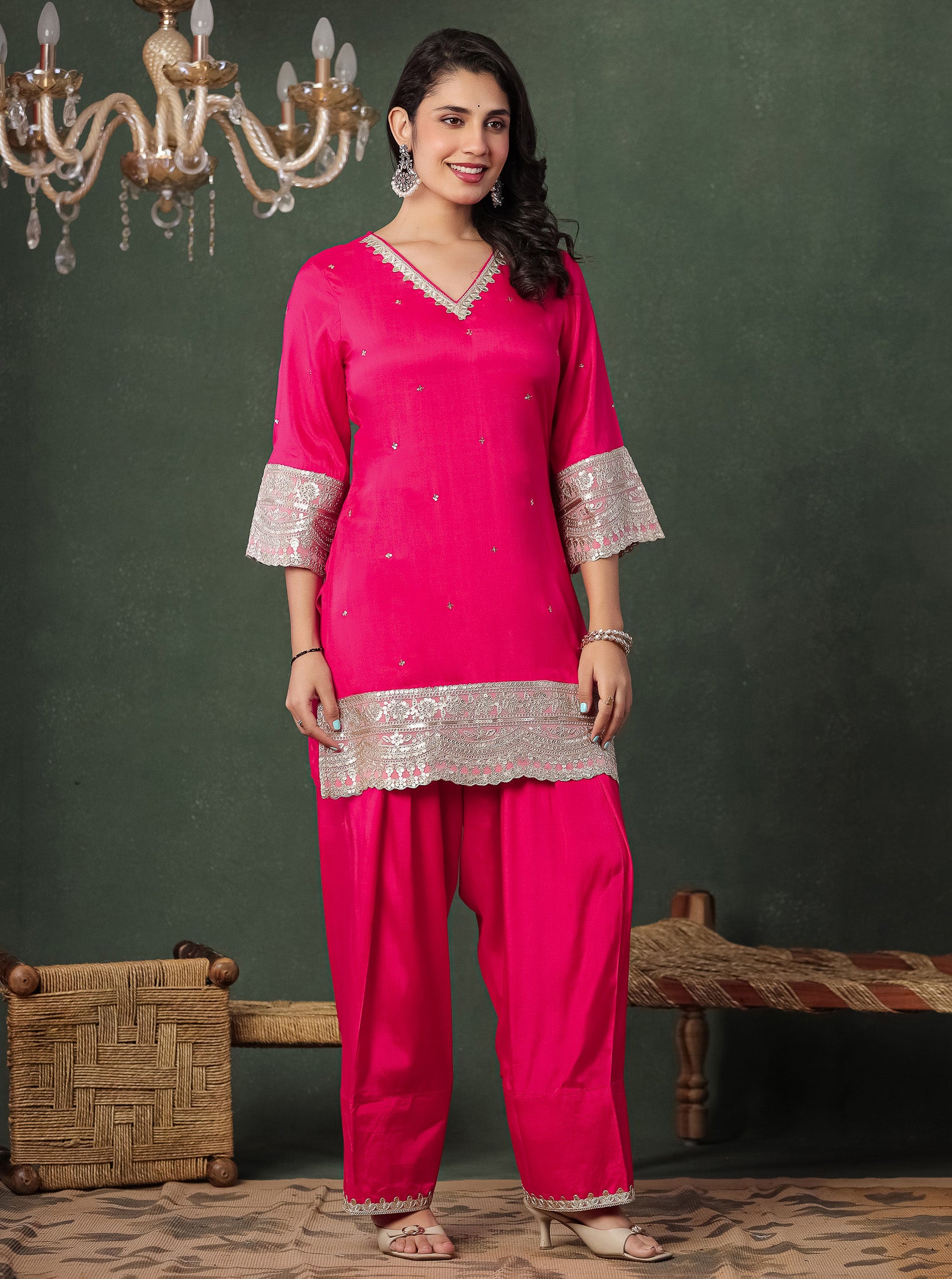 Pink Viscose Kurta With Farshi Salwar And Dupatta