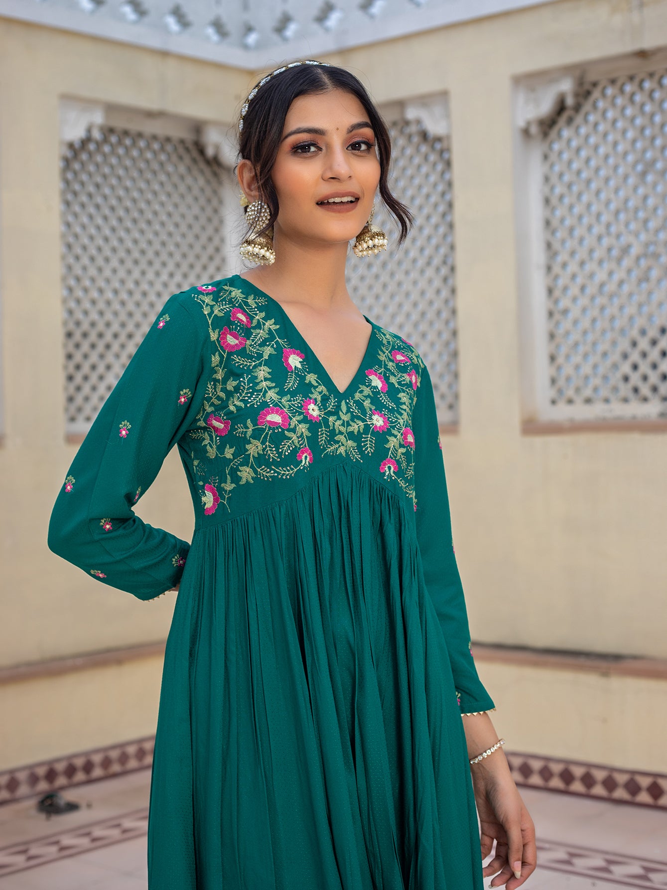 Green Viscose Floral Embroidered A-line Dress