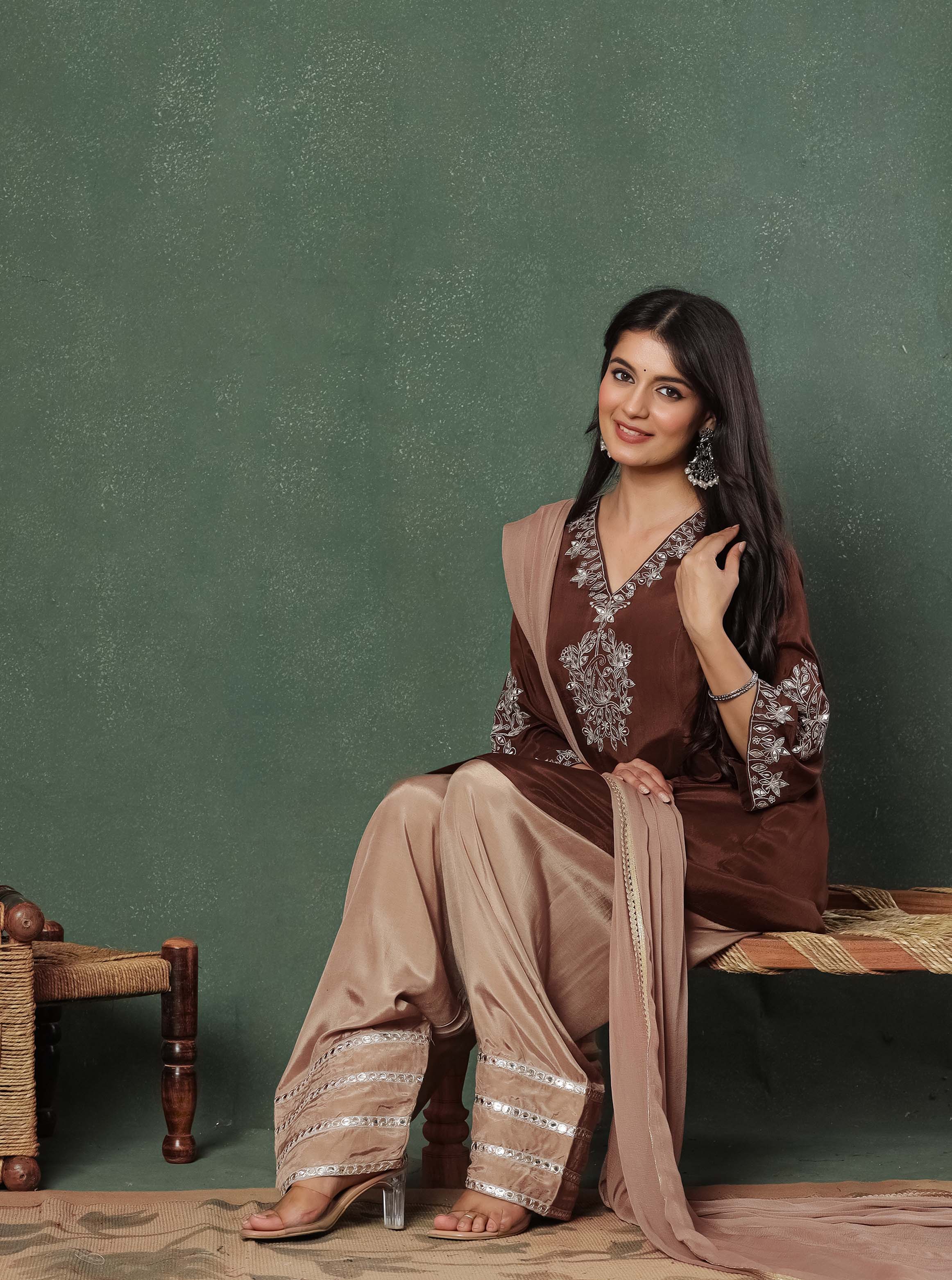 Brown Embroidered Kurta With Farshi Salwar And Dupatta