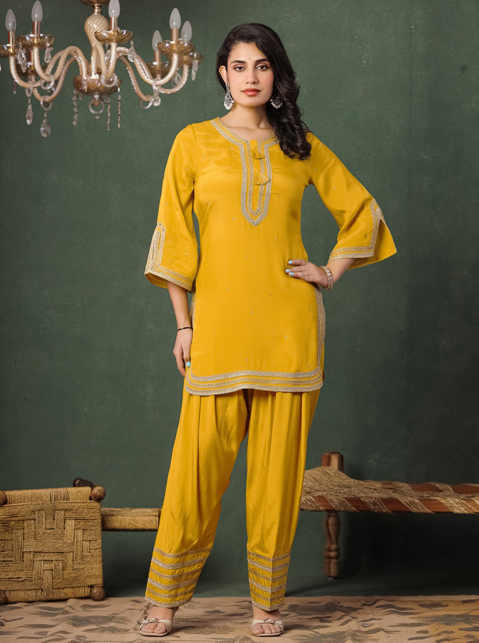 Golden Yellow Viscose Kurta With Farshi Salwar And Dupatta