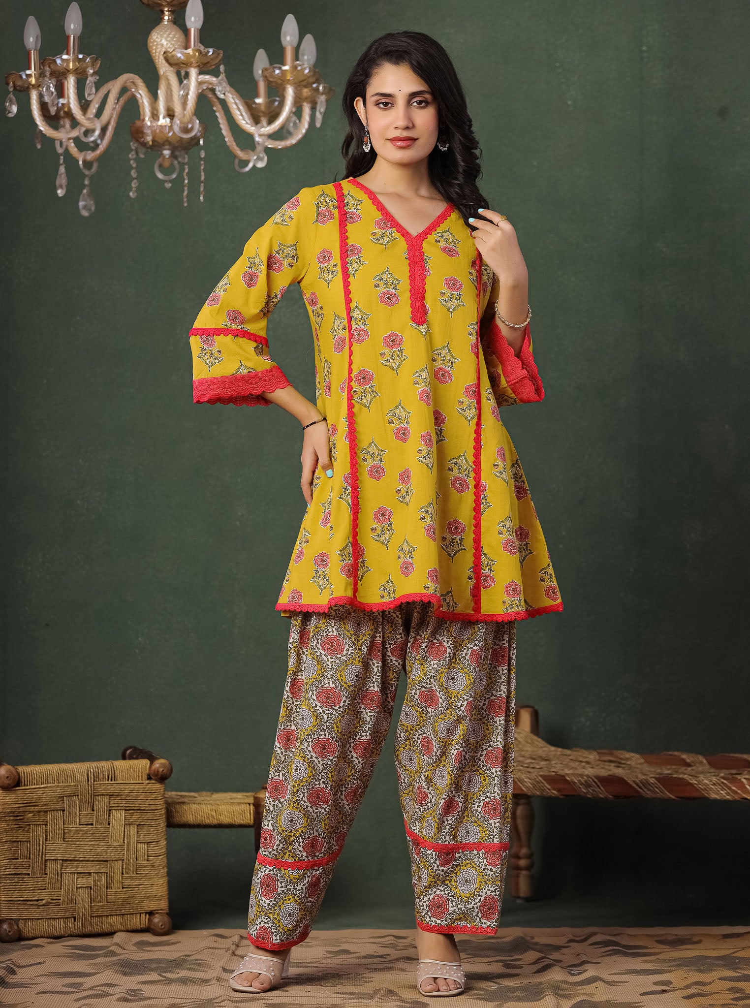 Mustard Yellow Floral Block Printed Kurta With Farshi Salwar