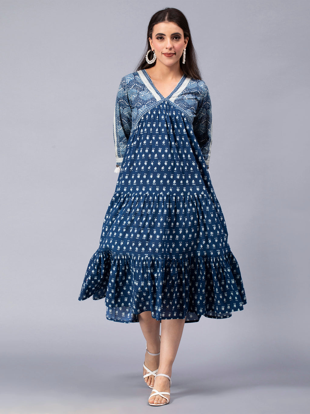 Indigo Cotton Floral Printed Flared Dress