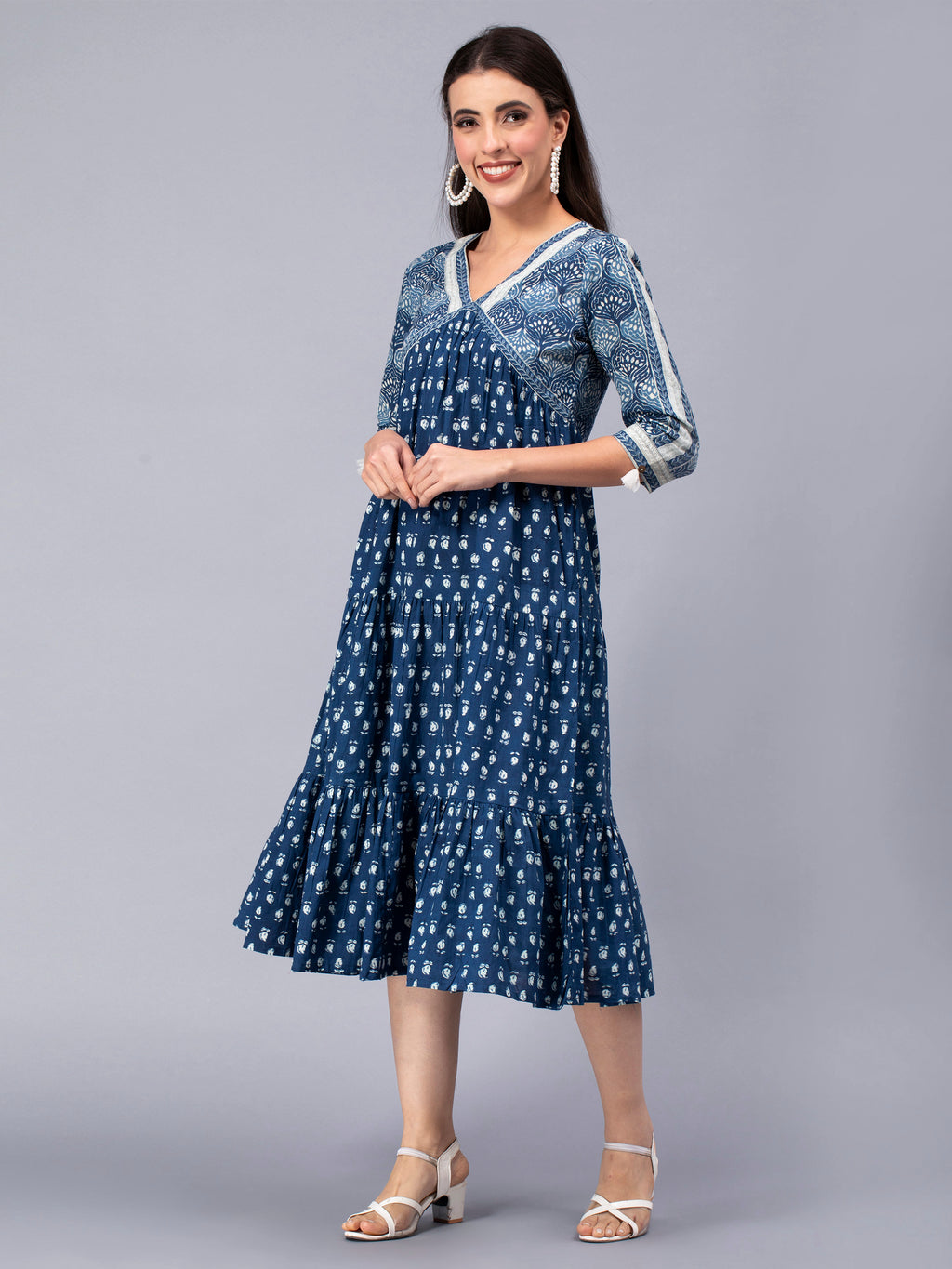 Indigo Cotton Floral Printed Flared Dress