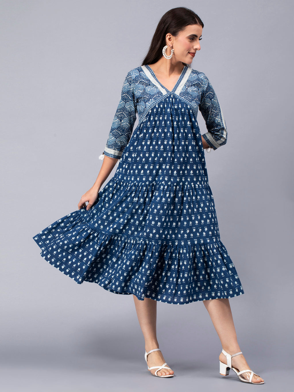 Indigo Cotton Floral Printed Flared Dress