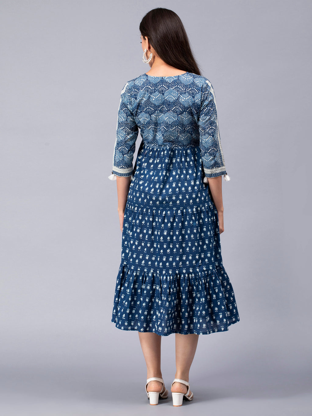 Indigo Cotton Floral Printed Flared Dress