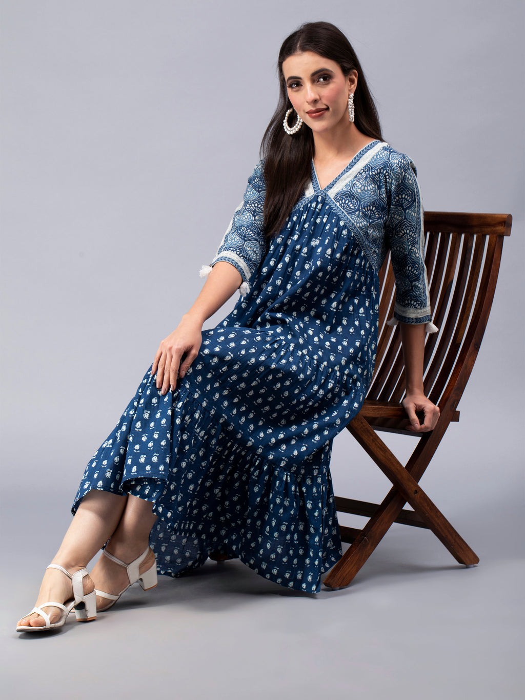 Indigo Cotton Floral Printed Flared Dress