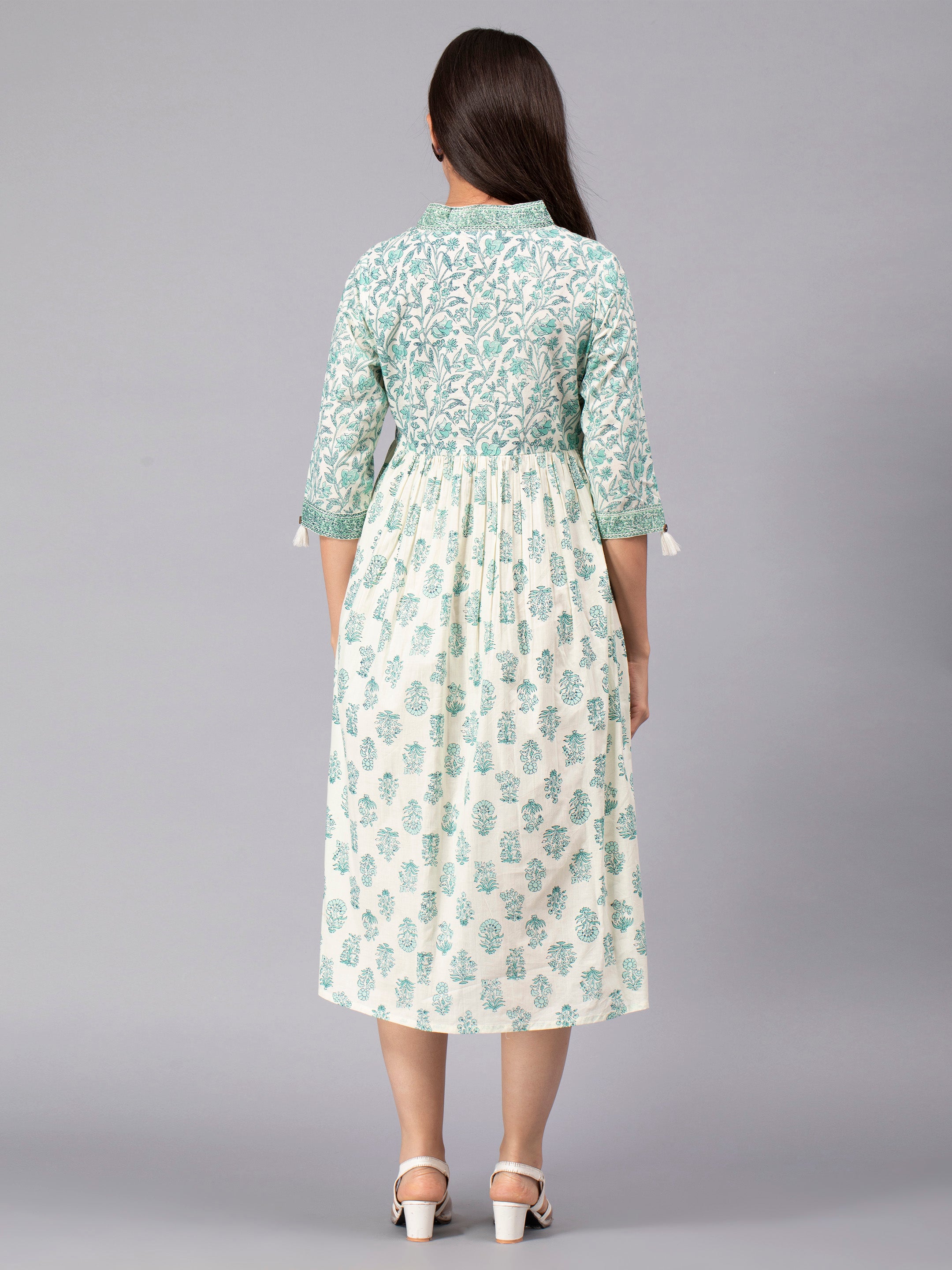 Off white Cotton Floral Printed Flared Dress