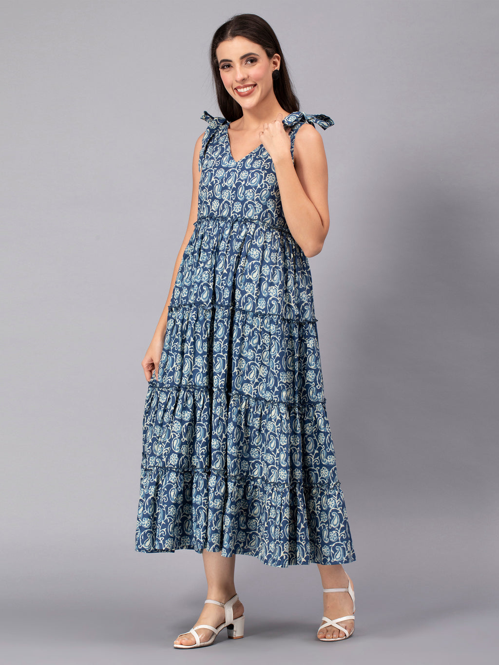 Indigo Cotton Floral Printed Tiered Dress