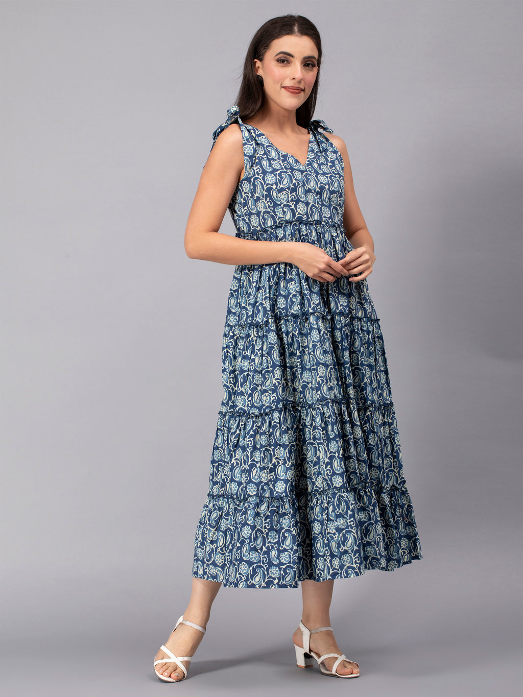 Indigo Cotton Floral Printed Tiered Dress