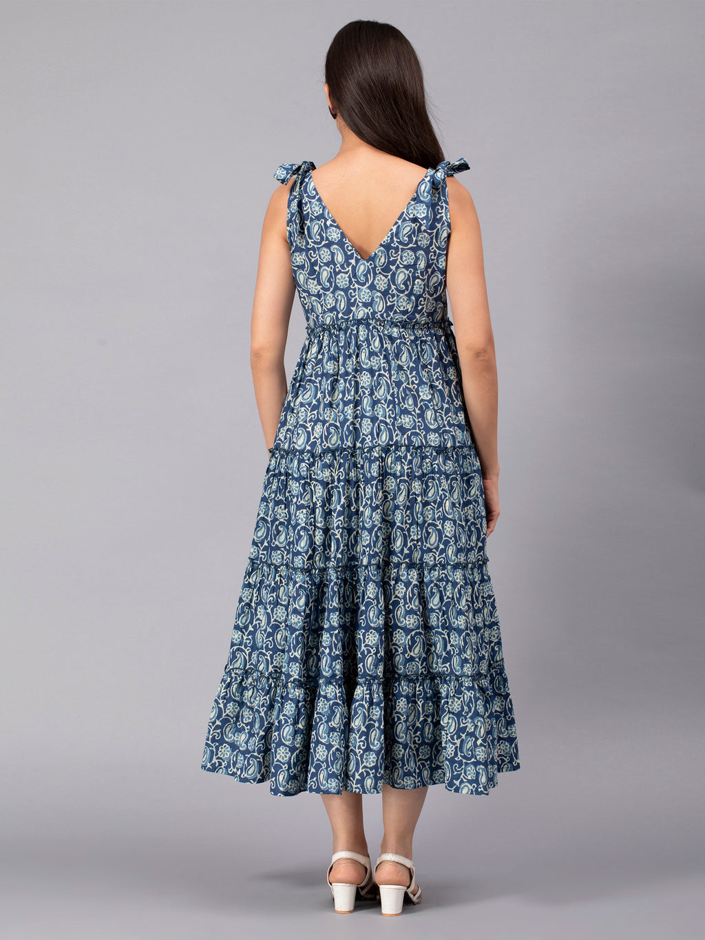 Indigo Cotton Floral Printed Tiered Dress