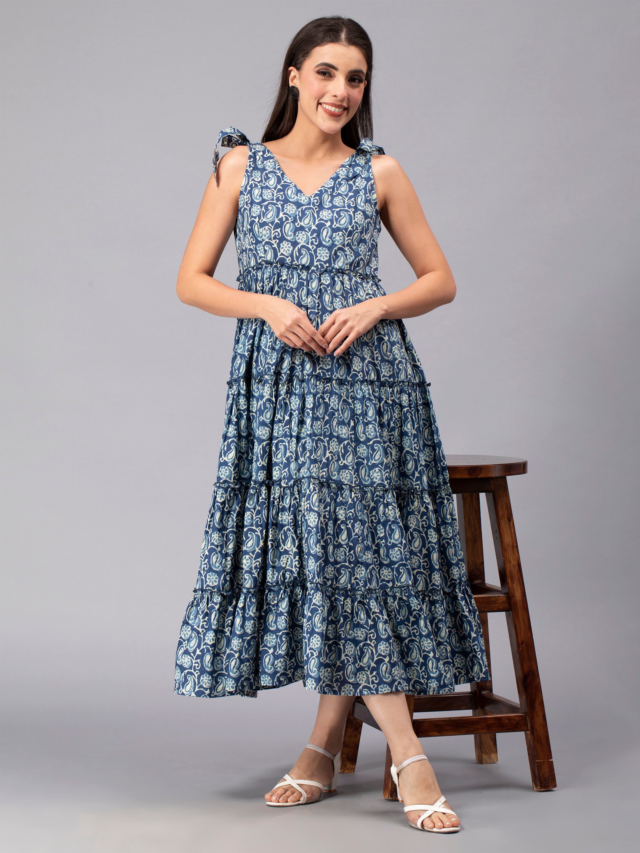 Indigo Cotton Floral Printed Tiered Dress