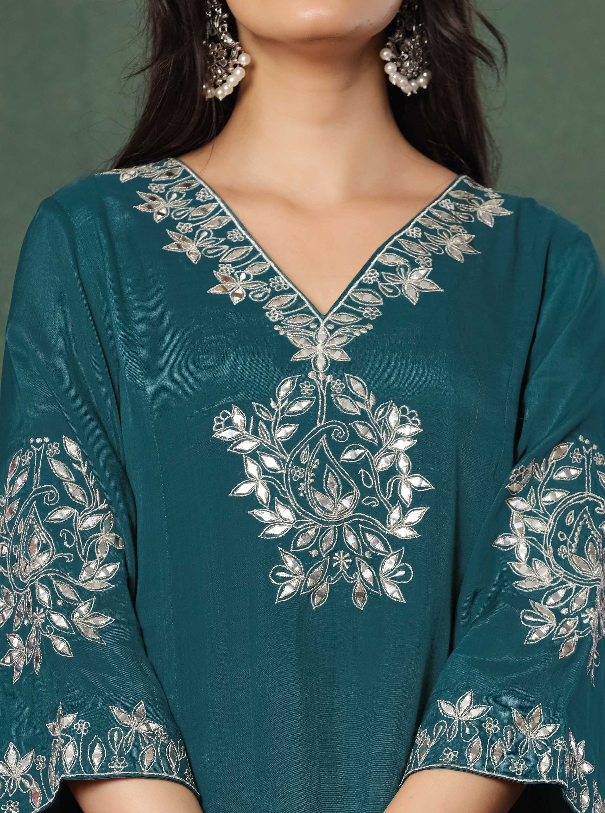 Green Embroidered Kurta With Farshi Salwar And Dupatta