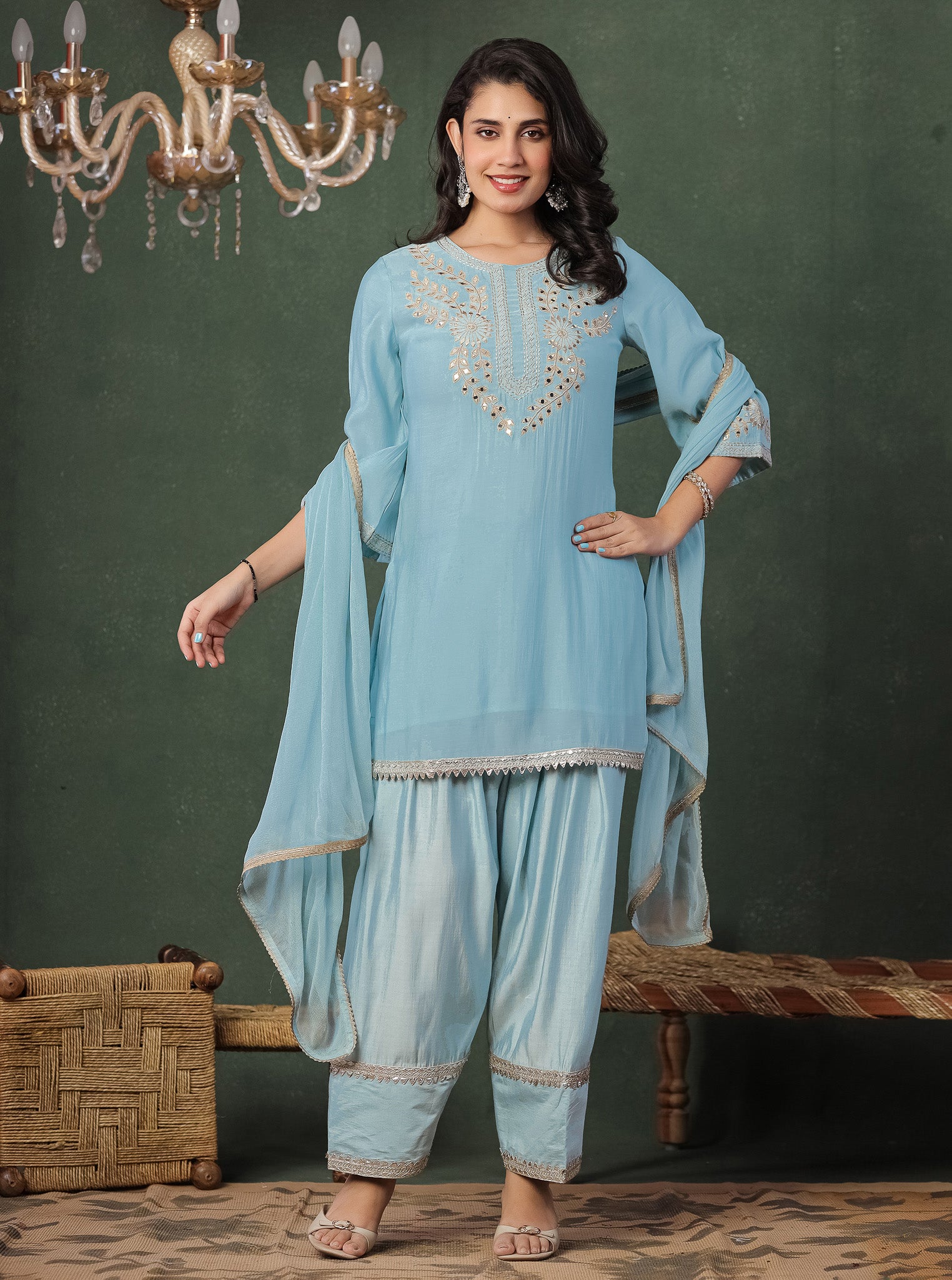 Sky Blue Embroidered Kurta With Farshi Salwar And Dupatta