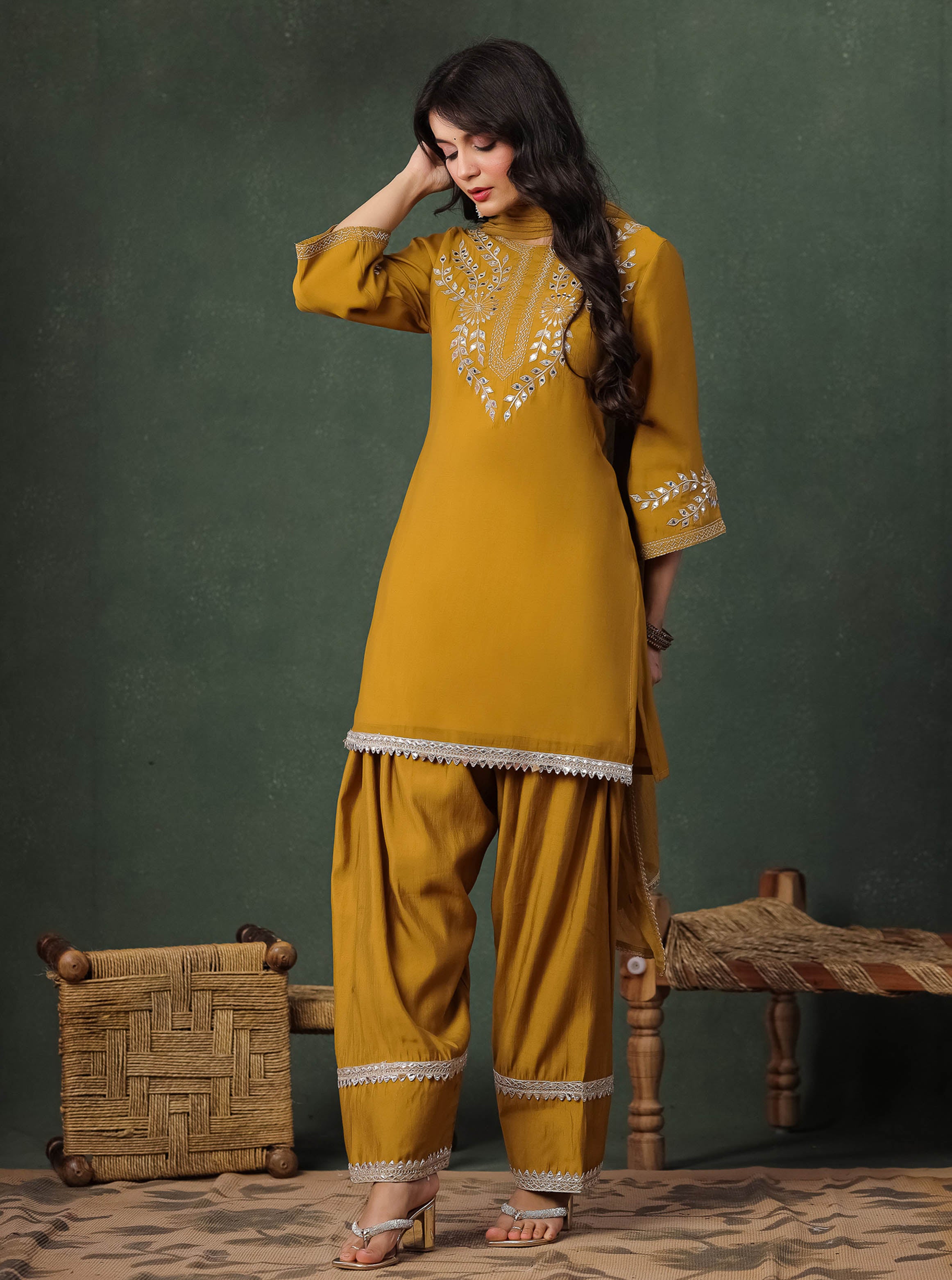 Mustard Embroidered Kurta & Plane Palazzo
