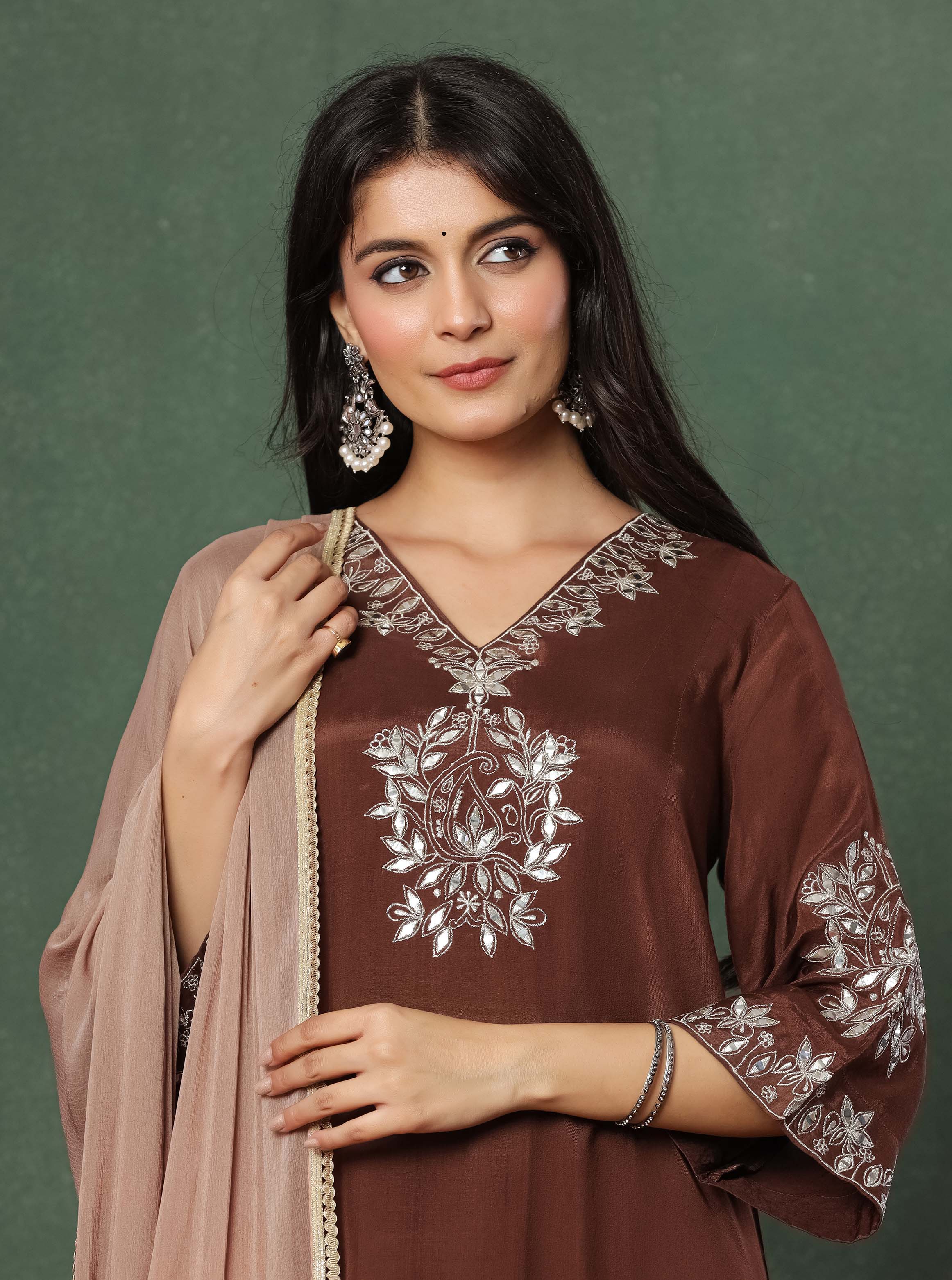 Brown Embroidered Kurta With Farshi Salwar And Dupatta