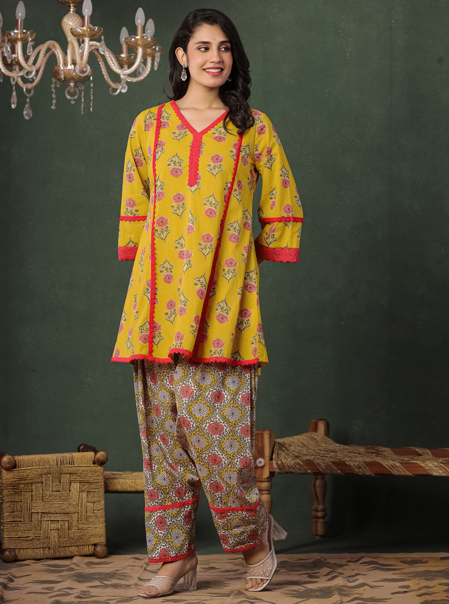 Mustard Yellow Floral Block Printed Kurta With Farshi Salwar