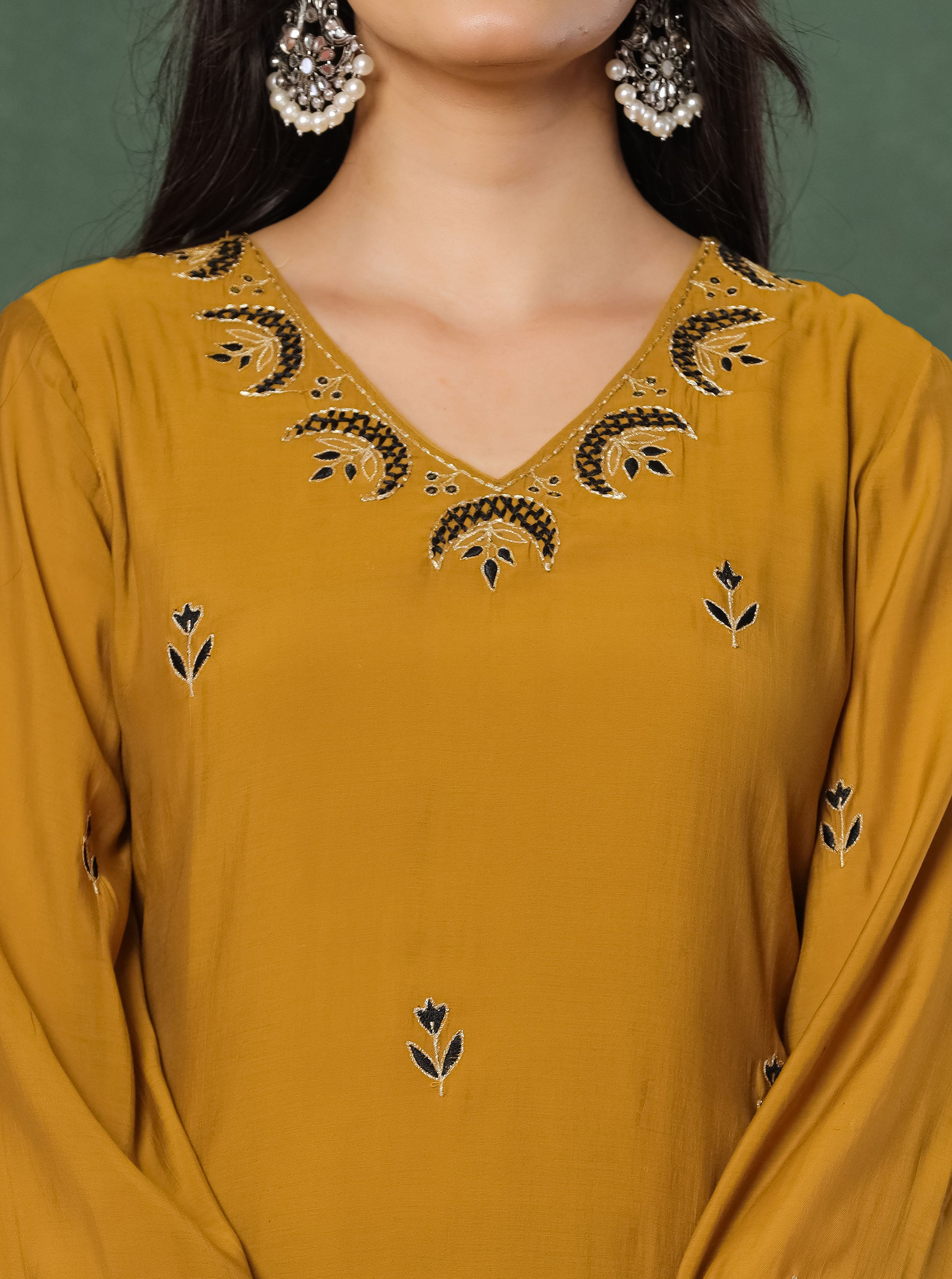 Mustard Embroidered Kurta With Farshi Salwar And Dupatta