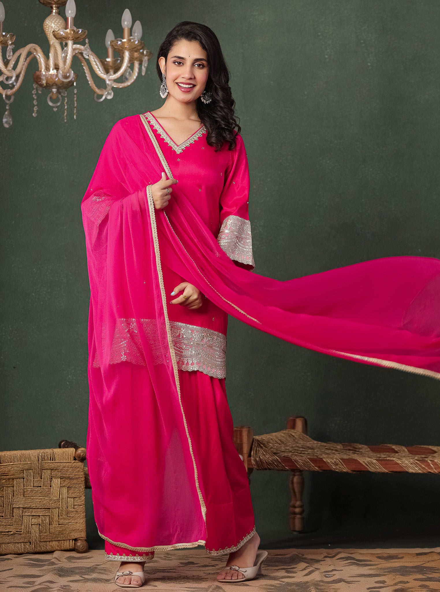 Pink Viscose Kurta With Farshi Salwar And Dupatta