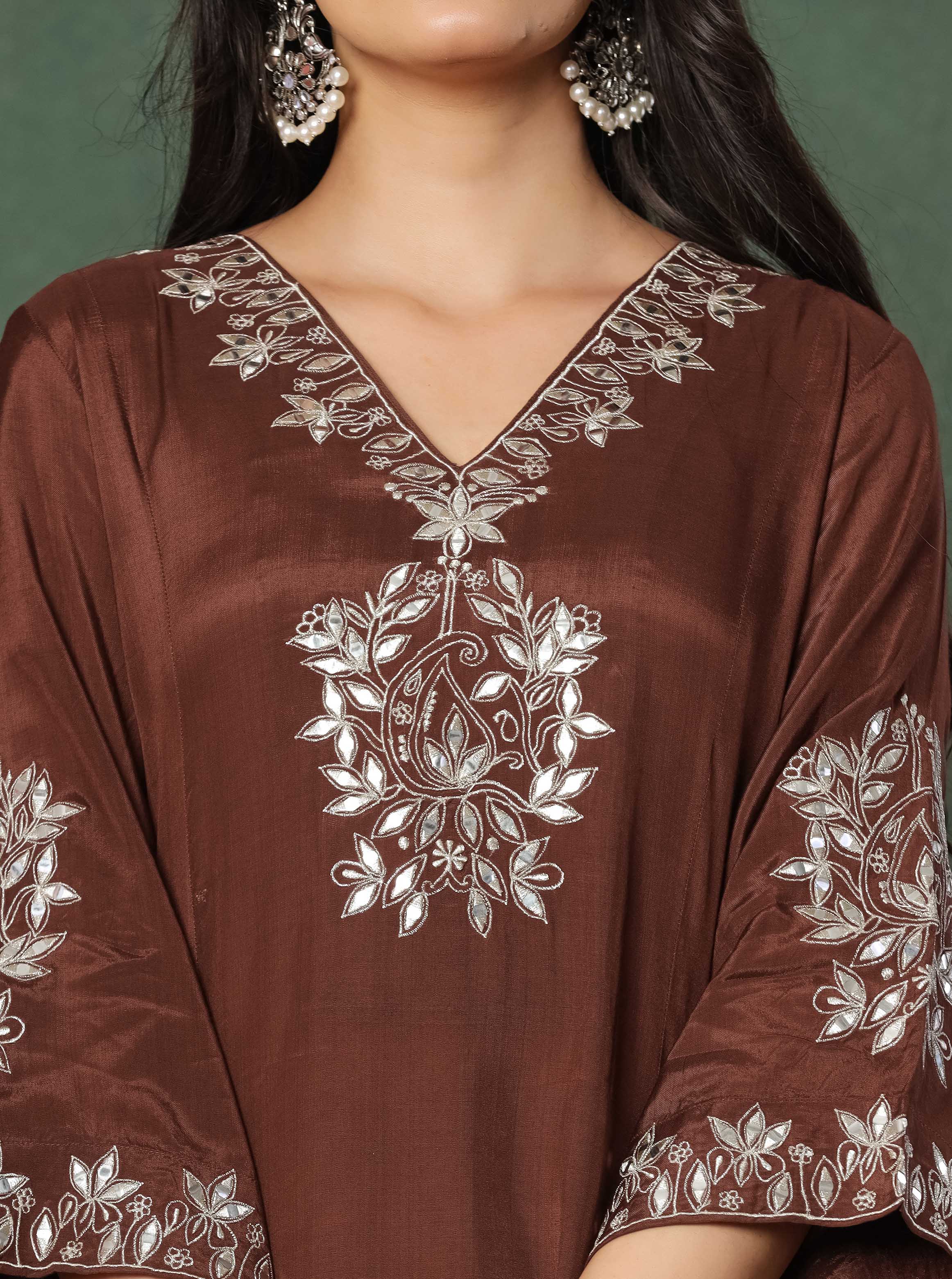 Brown Embroidered Kurta With Farshi Salwar And Dupatta
