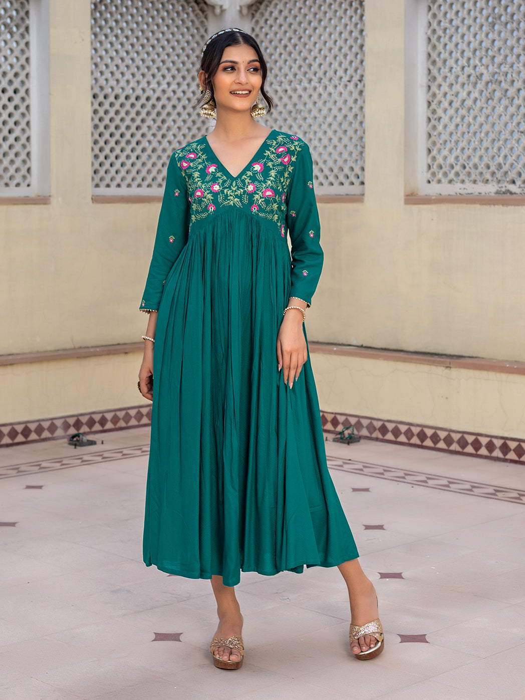 Green Viscose Floral Embroidered A-line Dress