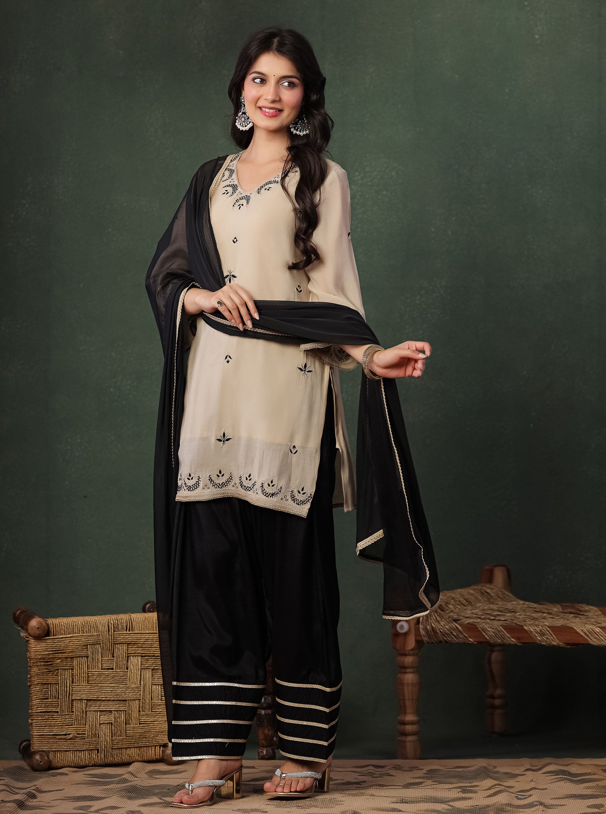 Beige Viscose Embroidered Kurta With Farshi Salwar And Dupatta