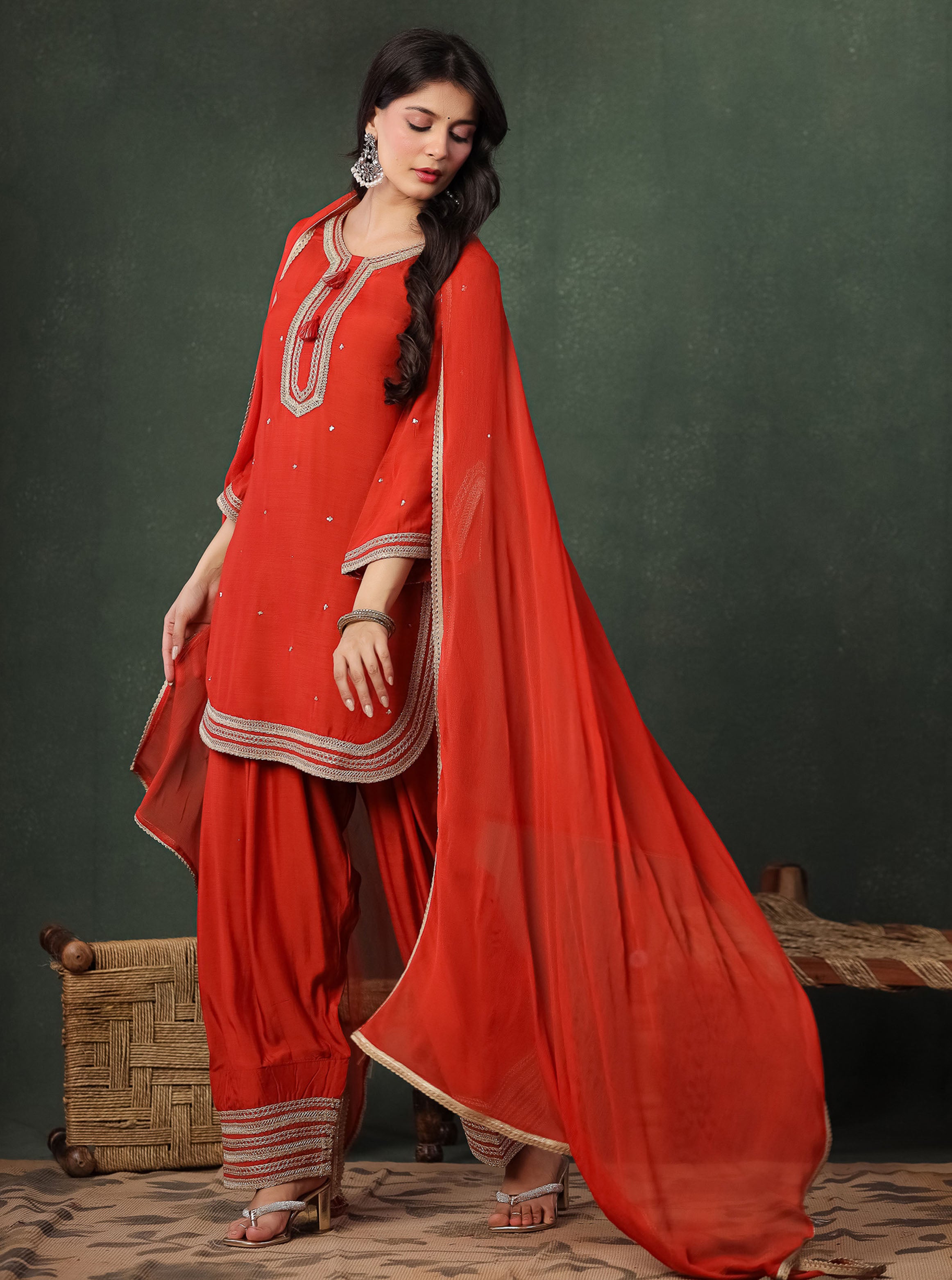 Orange Viscose Kurta With Farshi Salwar And Dupatta
