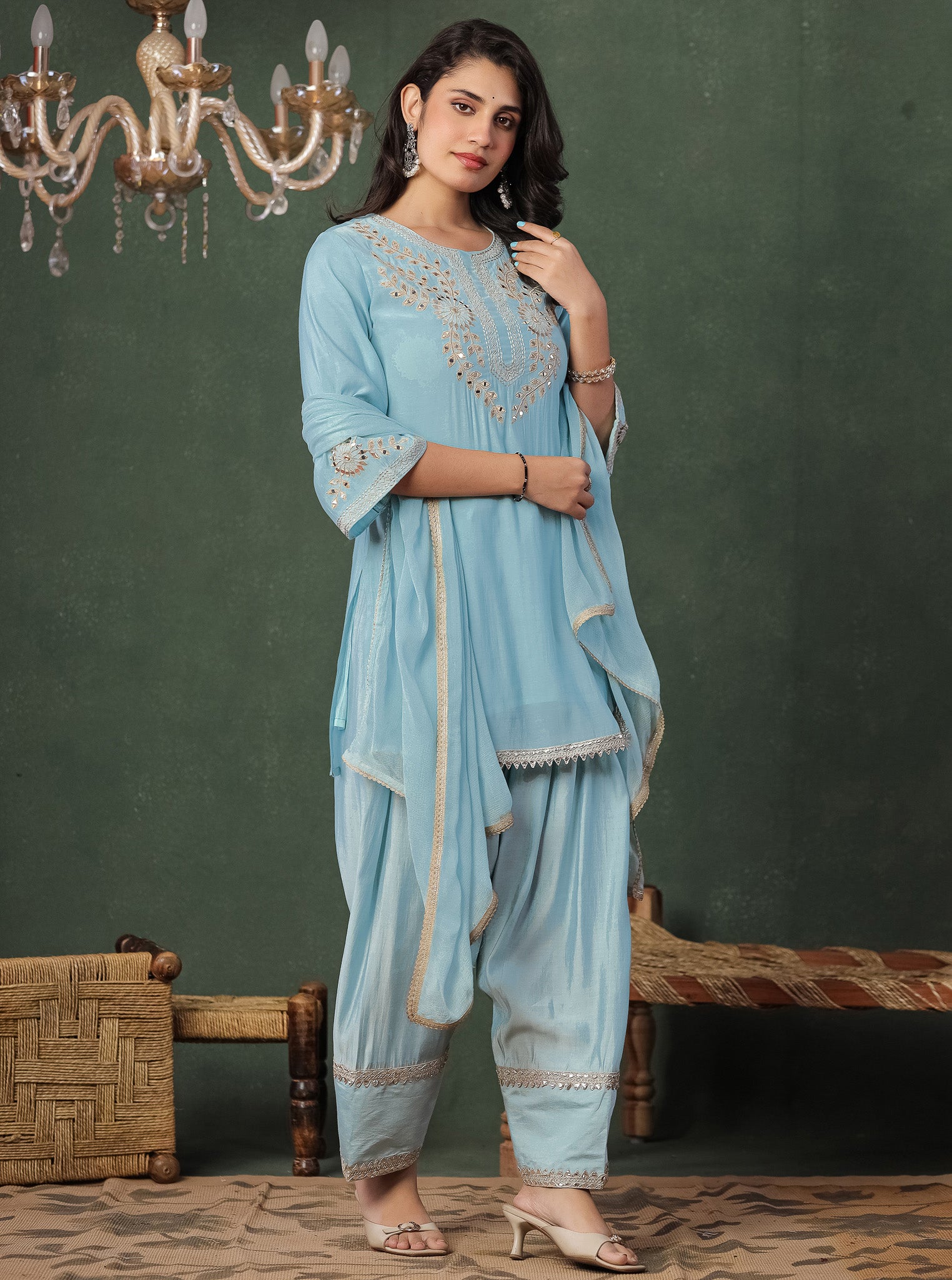 Sky Blue Embroidered Kurta With Farshi Salwar And Dupatta