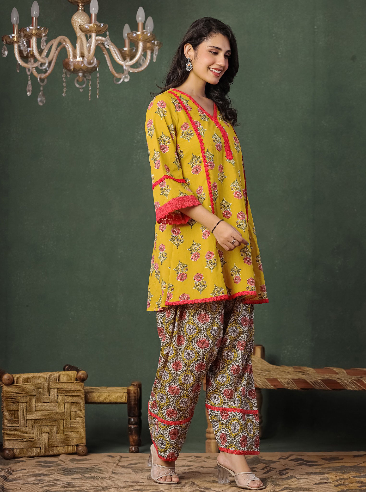 Mustard Yellow Floral Block Printed Kurta With Farshi Salwar
