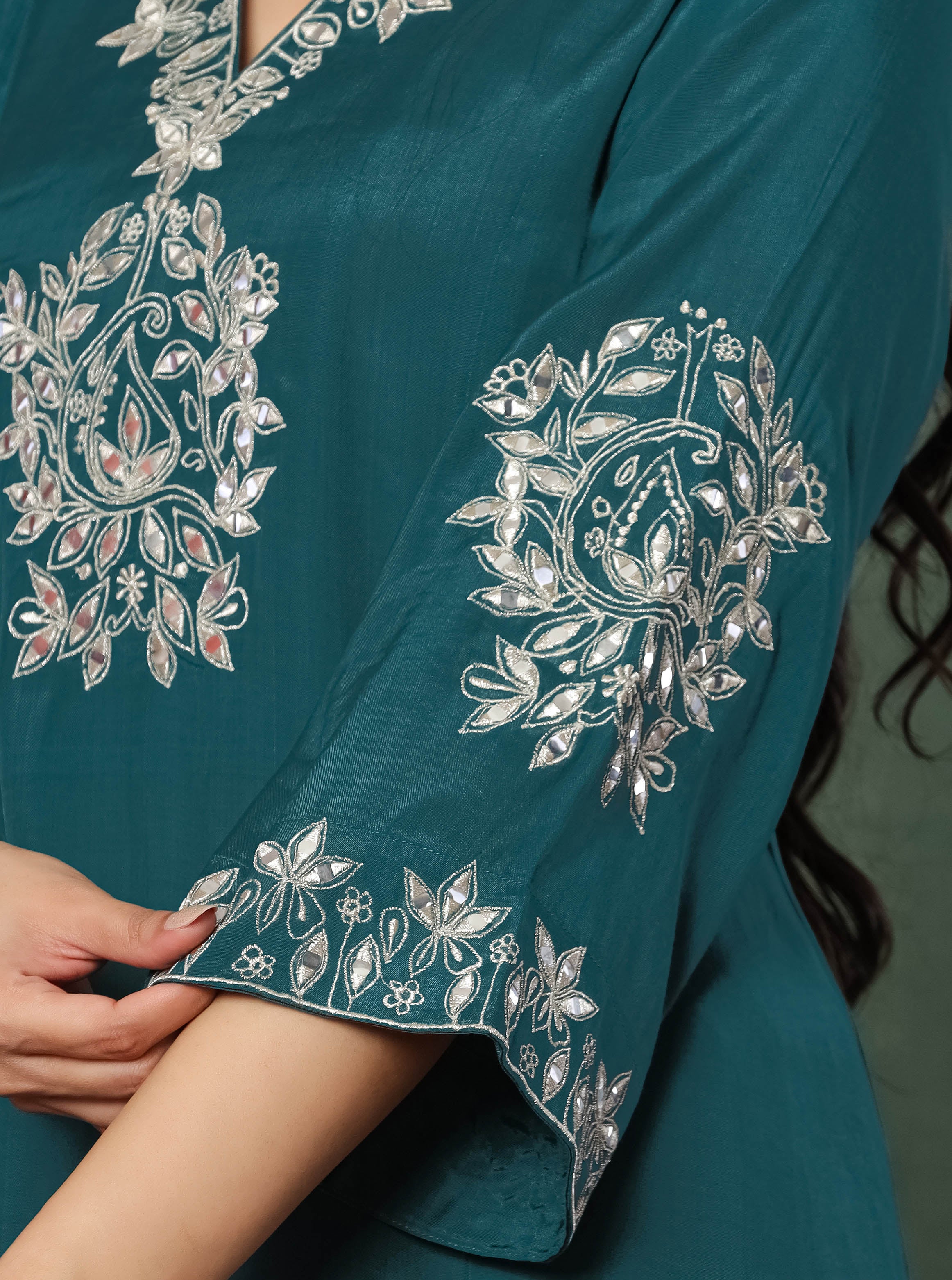 Green Embroidered Kurta With Farshi Salwar And Dupatta