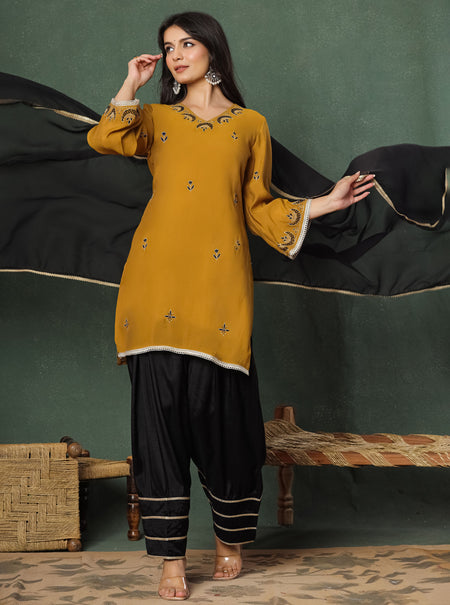Mustard Embroidered Kurta With Farshi Salwar And Dupatta