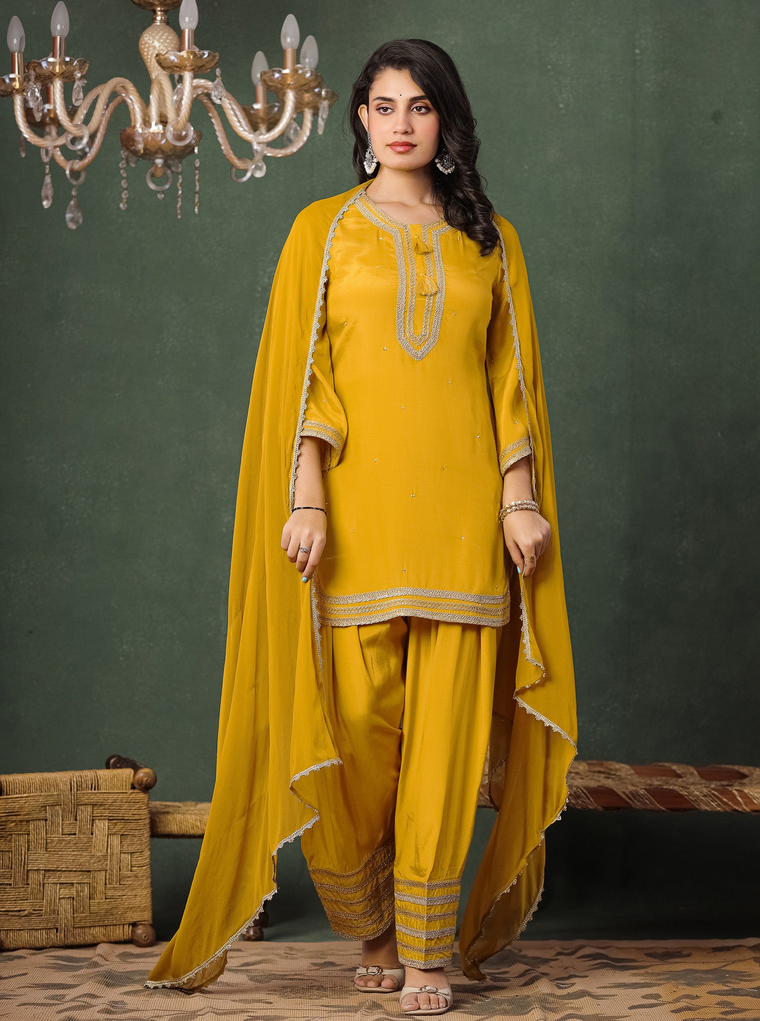 Golden Yellow Viscose Kurta With Farshi Salwar And Dupatta