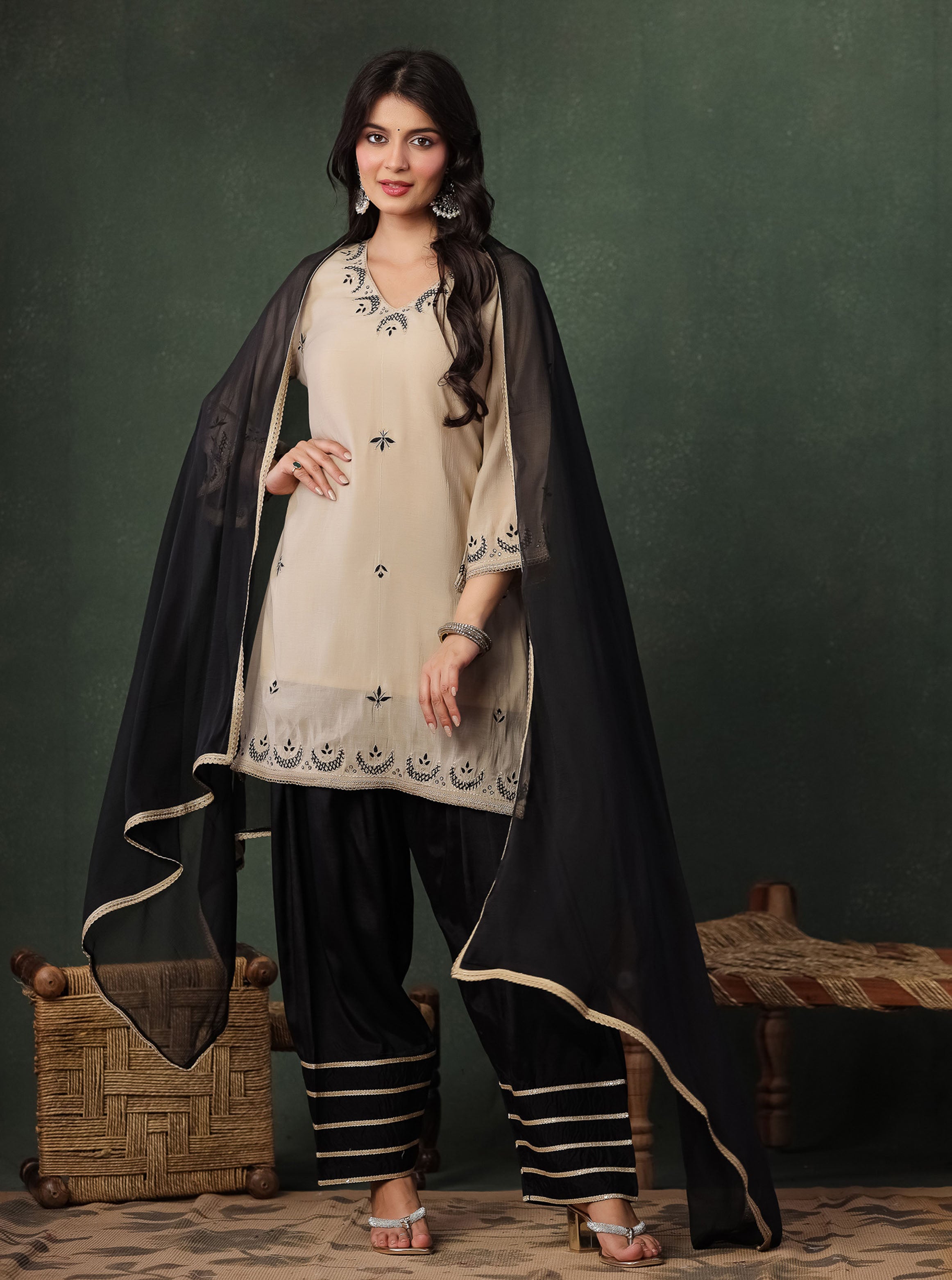 Beige Viscose Embroidered Kurta With Farshi Salwar And Dupatta