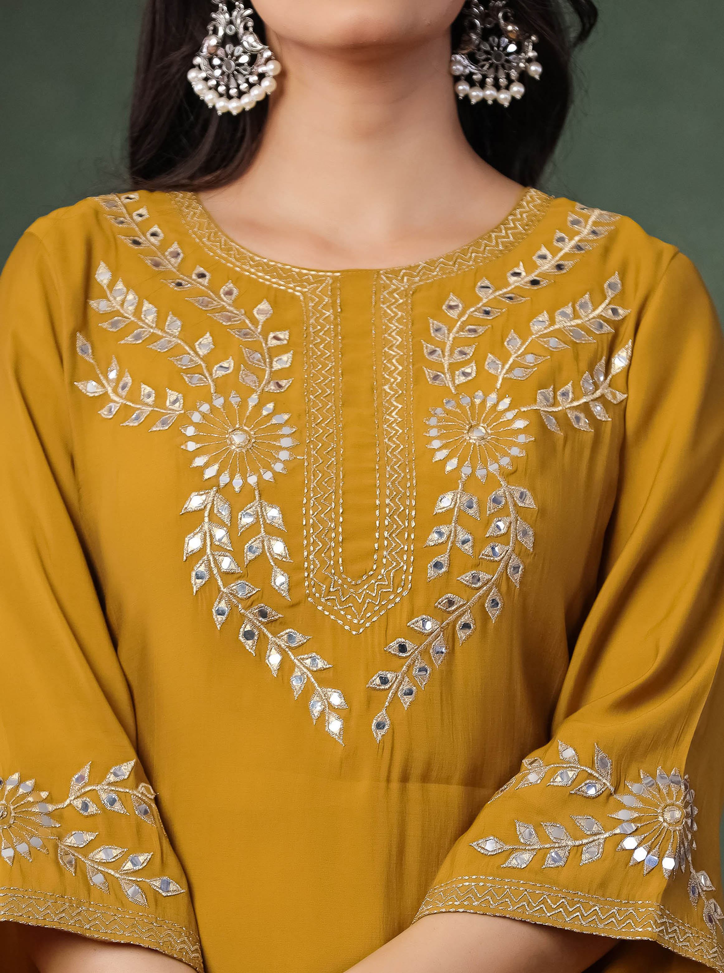 Mustard Embroidered Kurta & Plane Palazzo