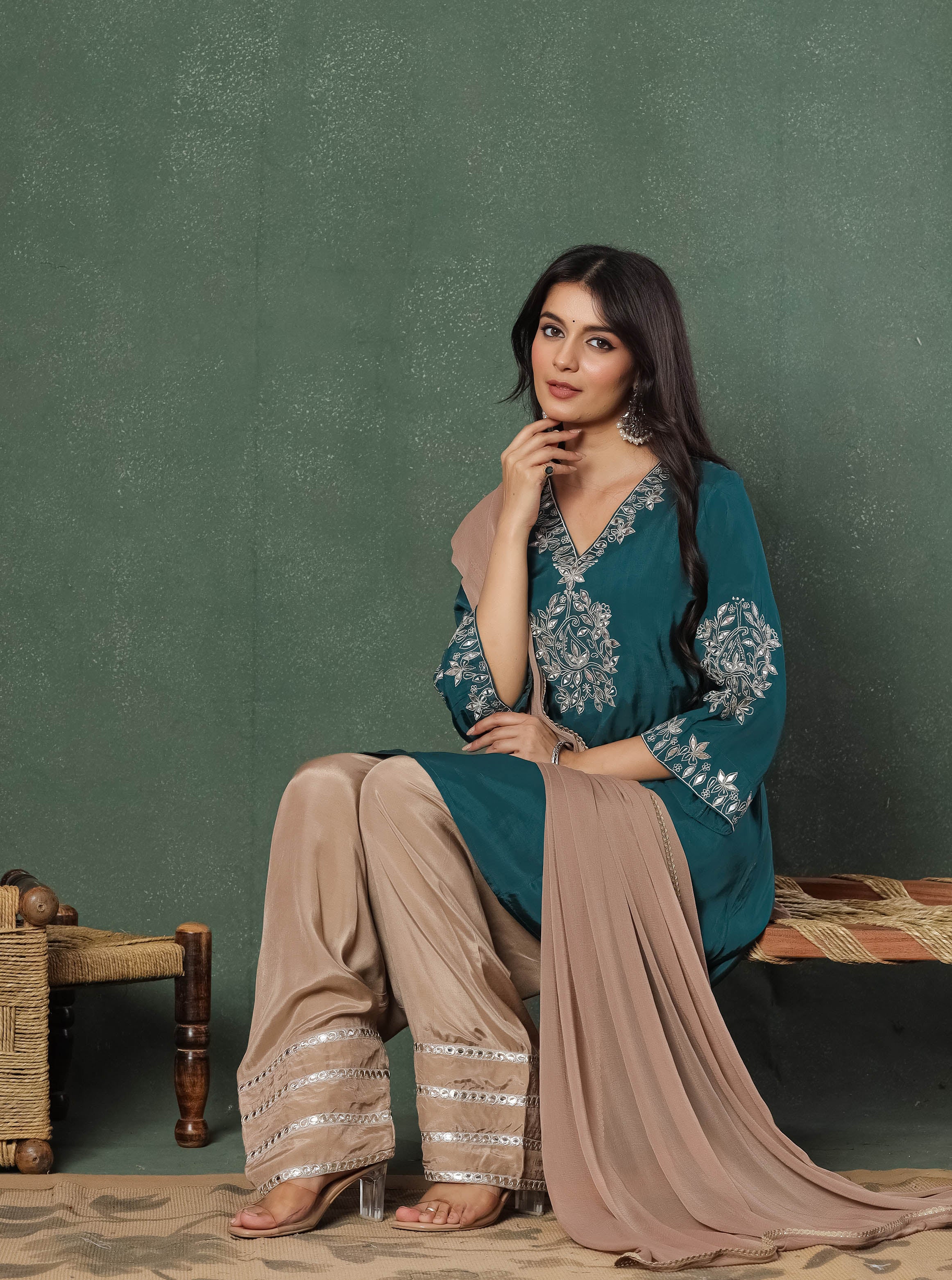 Green Embroidered Kurta With Farshi Salwar And Dupatta